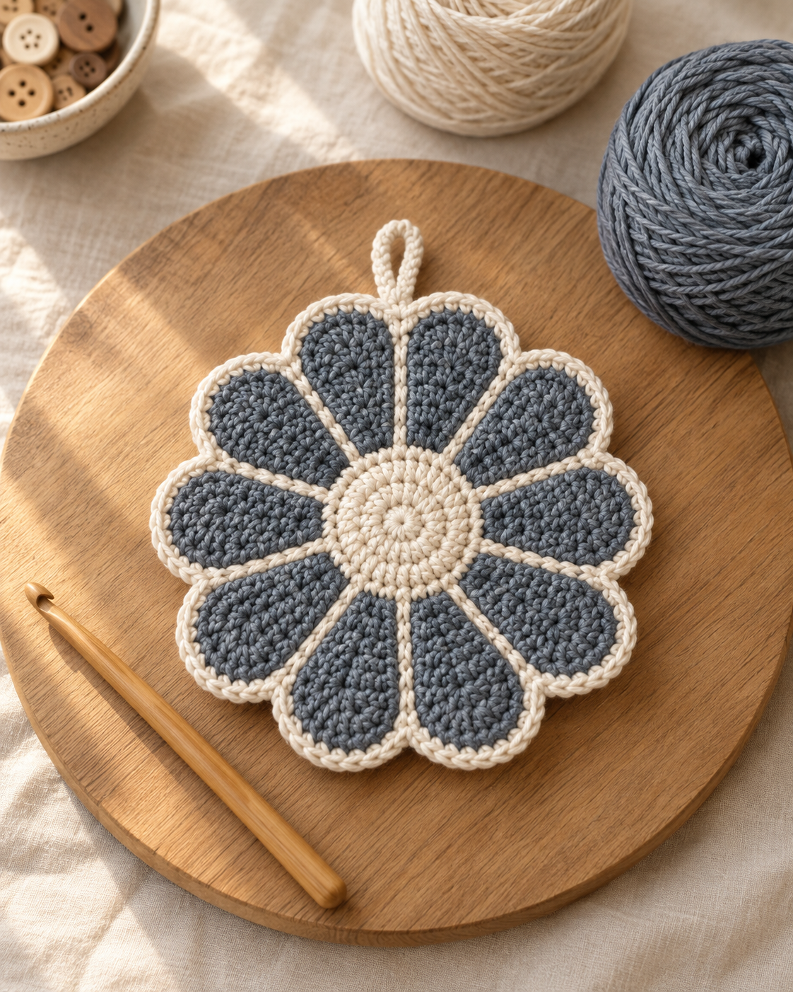 Slate blue-grey daisy crochet potholder with cream trim and a cream center, resting on a round wooden cutting board on a cream linen surface