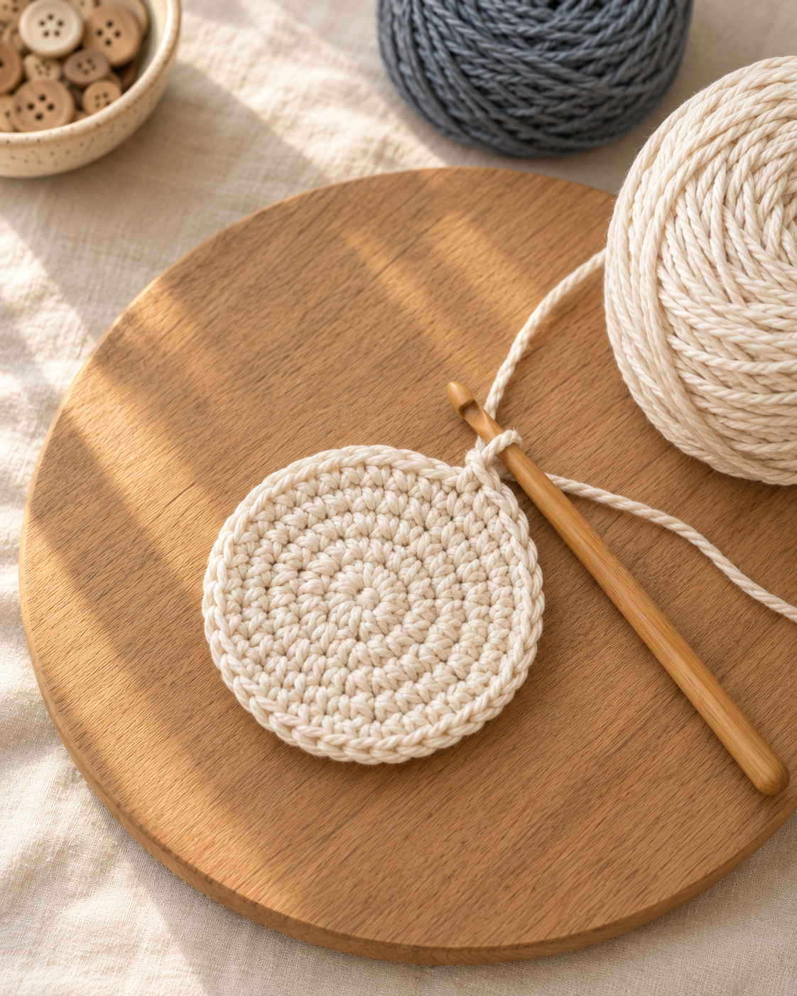 Close-up diagram of a single slate blue-grey crochet petal on a wooden cutting board, showing the pointed tip made from three stitches and the cream trim round along the edge