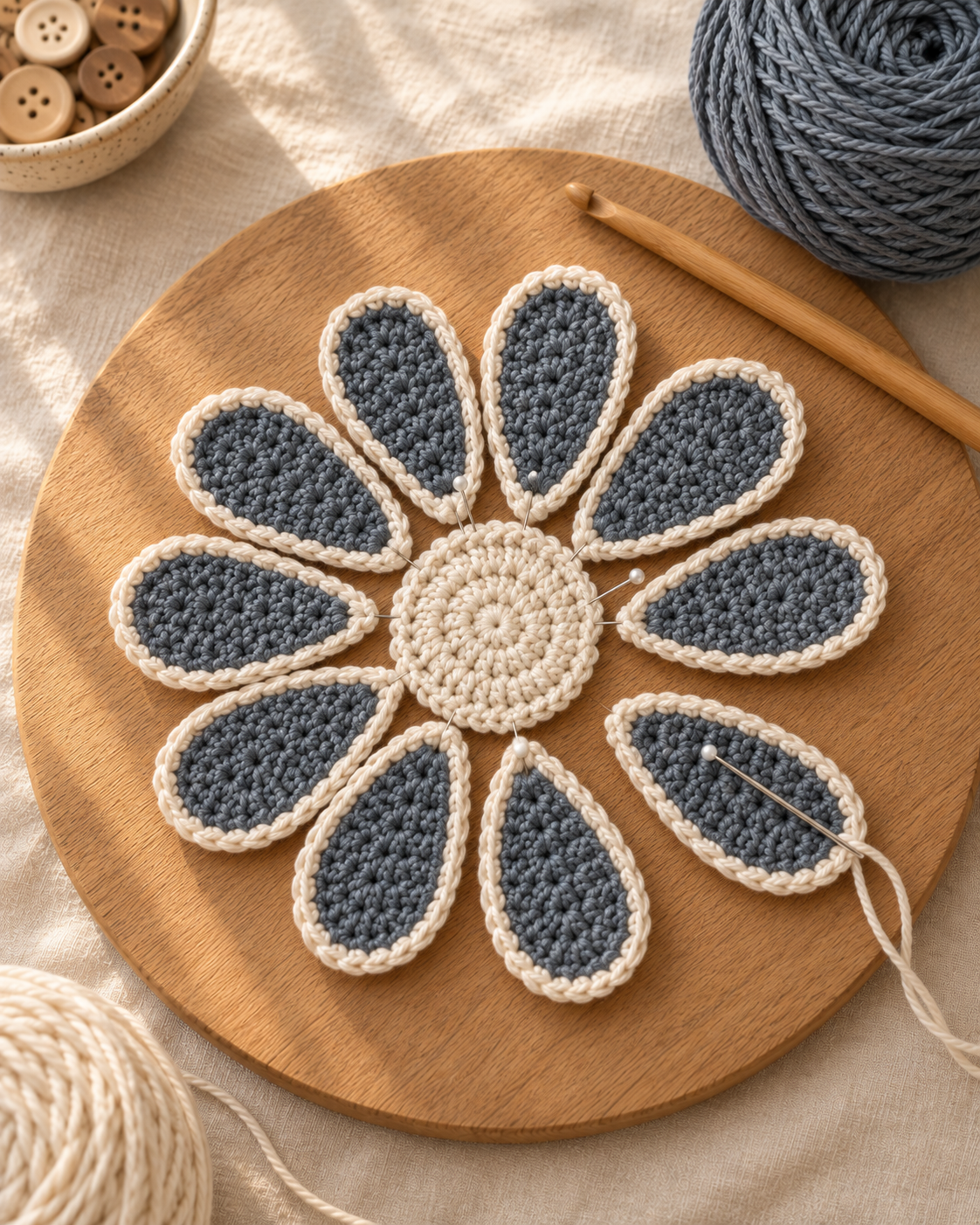 Close-up of the reinforced hanging loop at the edge of the finished daisy crochet potholder, cream chain stitches doubled with a row of single crochet worked over them