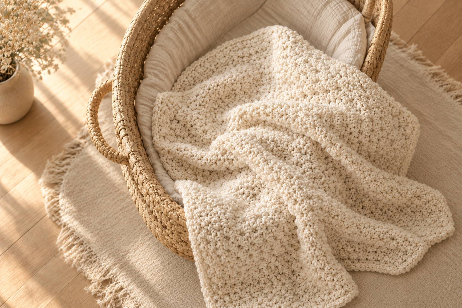 Cream chunky moss-stitch crochet baby blanket loosely draped in a natural woven Moses basket on a soft rug