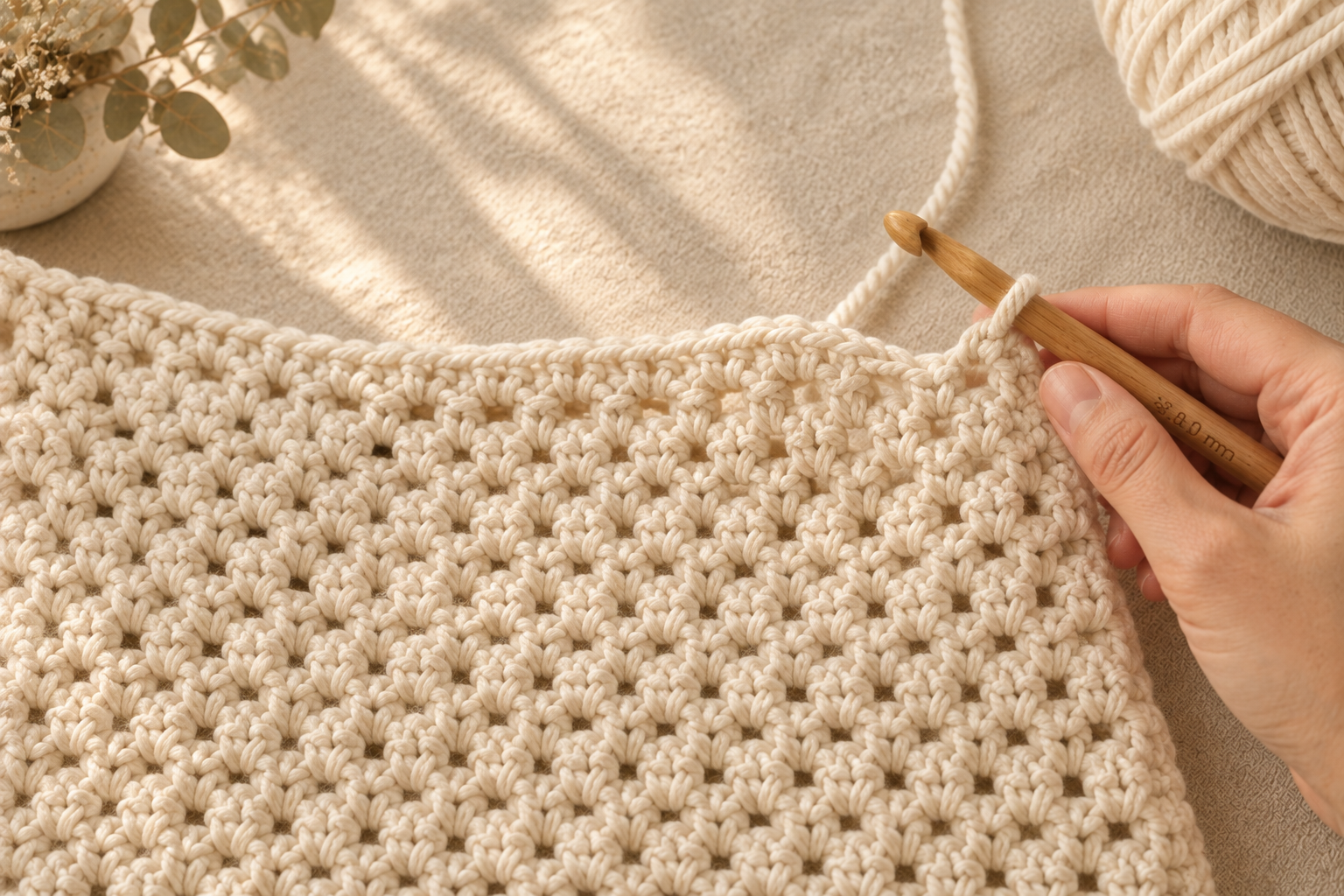 Close-up of moss stitch texture in cream chunky yarn showing the airy honeycomb pattern with the 8 mm hook mid-row