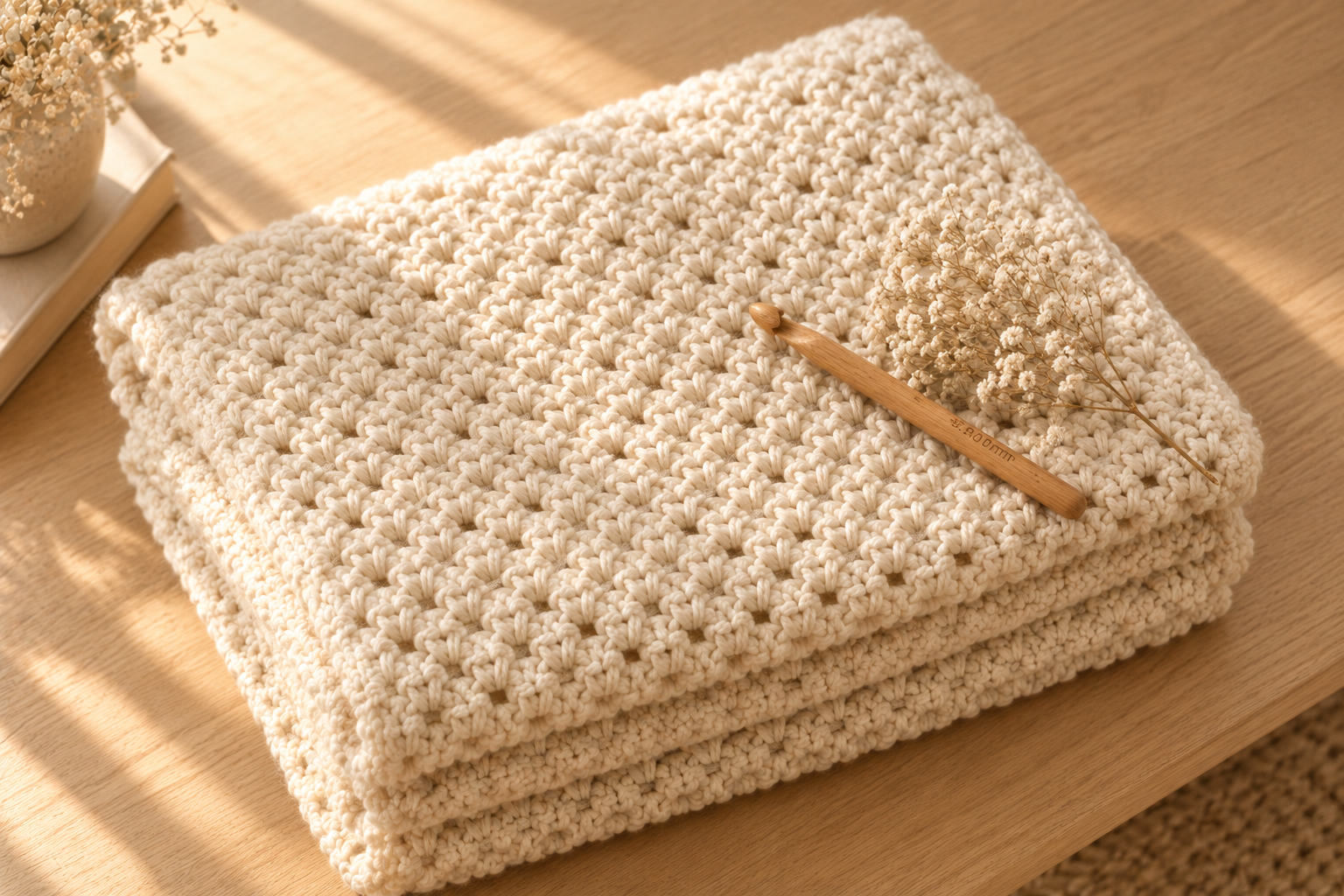 Finished cream chunky moss-stitch crochet baby blanket folded neatly on a light oak surface with the 8 mm hook and dried baby's-breath resting on top