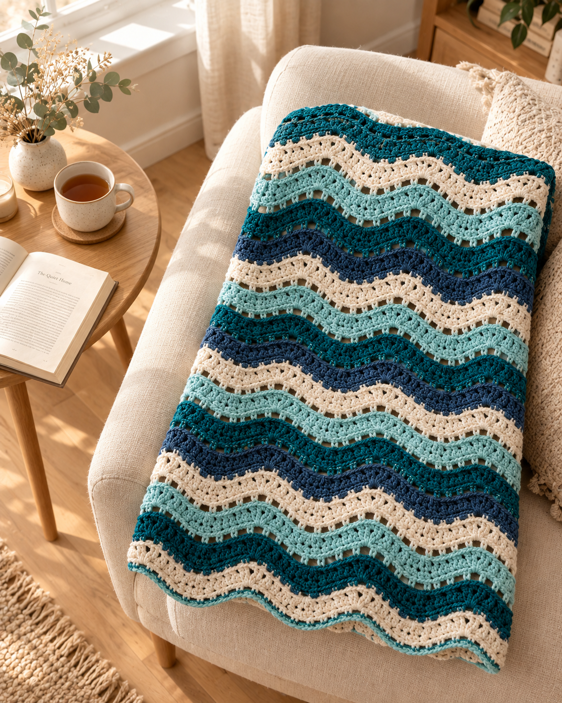 Finished eyelet waves crochet blanket folded on a cream armchair beside a cup of tea and open book in warm morning light