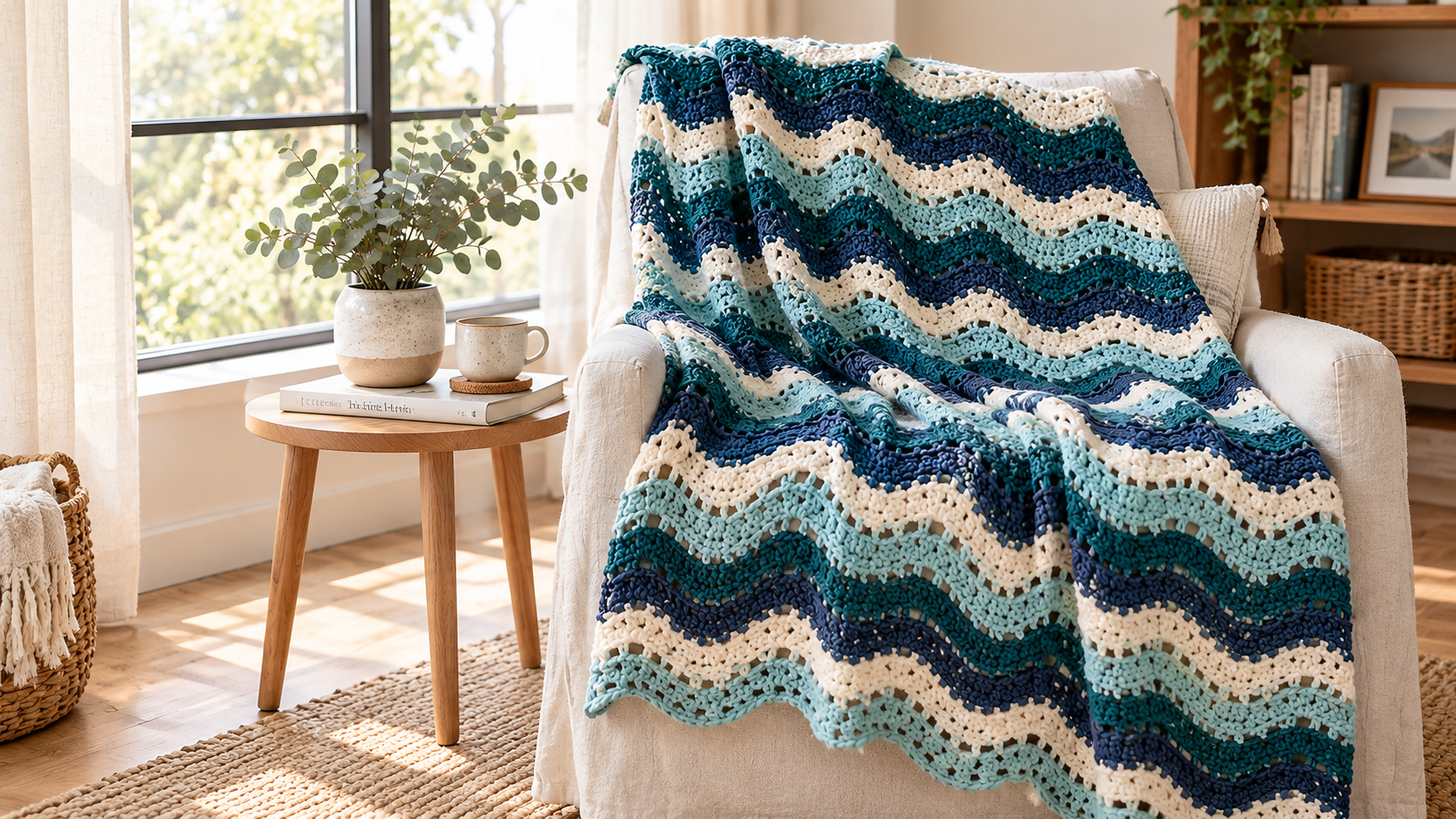 Finished eyelet waves ripple crochet blanket in teal, navy, aqua and cream stripes draped over a cream armchair beside a sunlit window