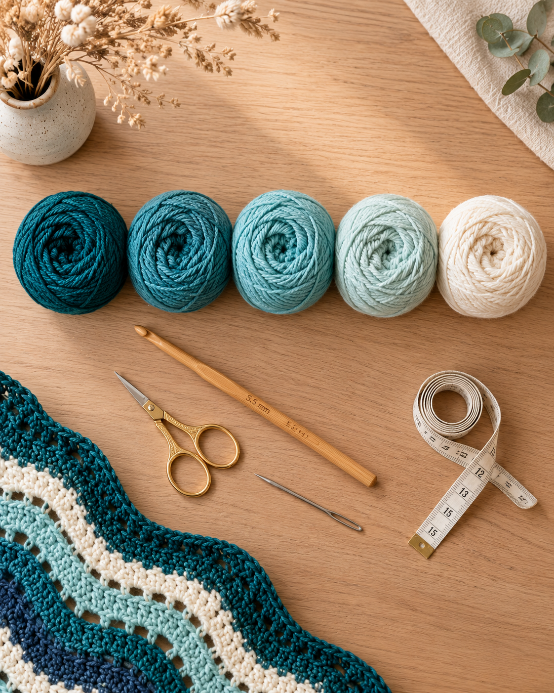 Overhead flat lay of teal, aqua and cream yarn cakes with bamboo crochet hook, gold scissors and tapestry needle on warm oak wood