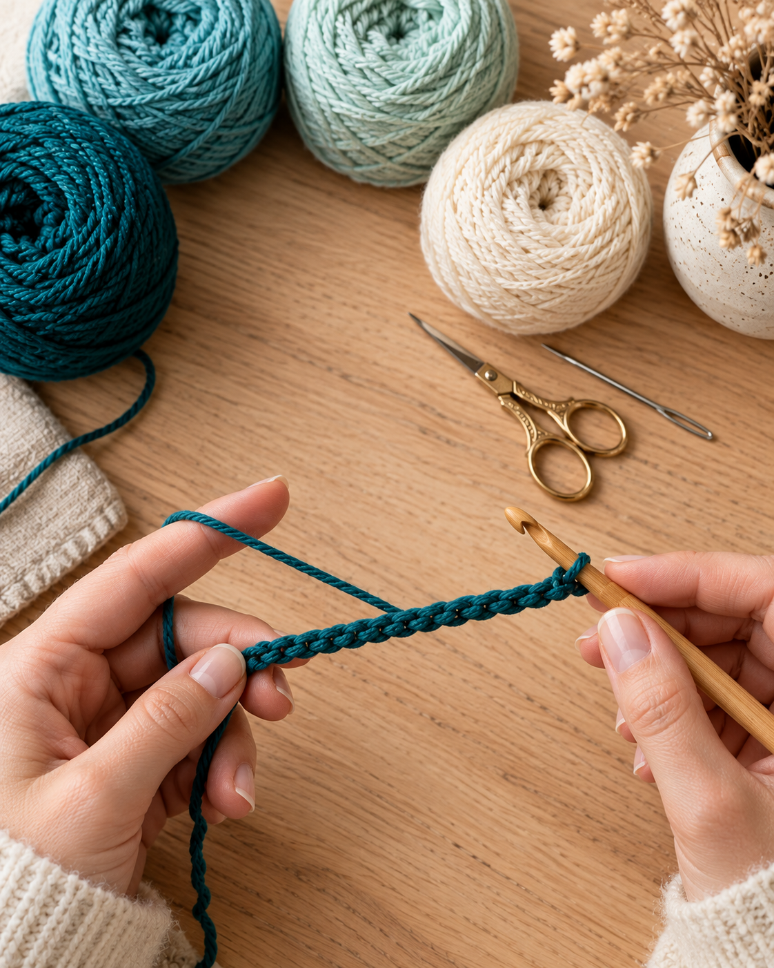 Close-up of hands working a long foundation chain in deep teal yarn with a bamboo crochet hook