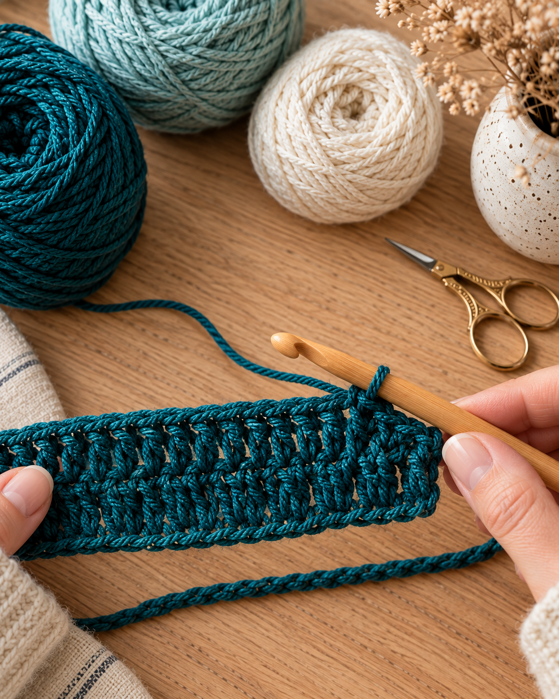 Completed first row of double crochet stitches in teal yarn showing the foundation base of the eyelet waves blanket