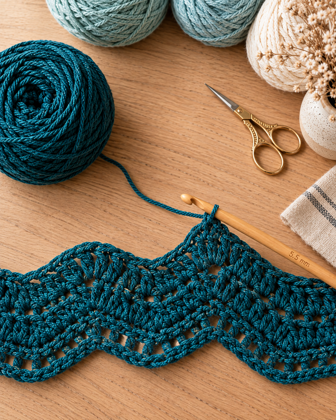 Close-up showing the first ripple wave forming in teal yarn with peak clusters and valleys clearly visible