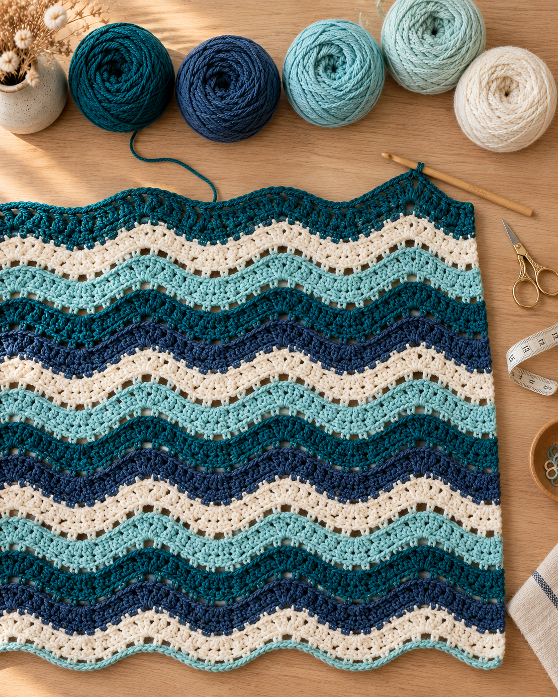 Progress shot of the eyelet waves blanket showing 8 rows of ripples in teal, aqua, navy and cream stripes lying flat