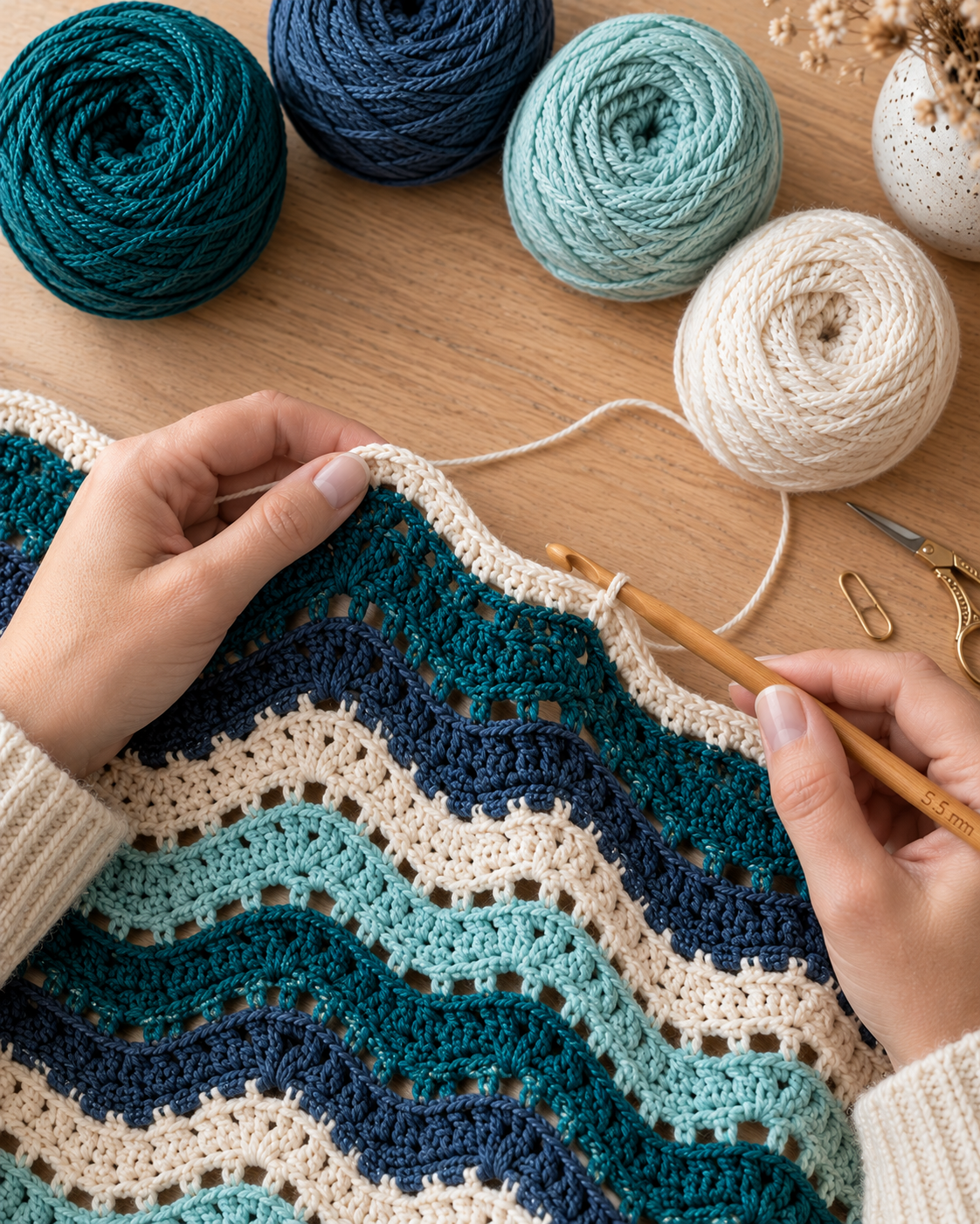 Close-up of hands working a single crochet border in cream yarn around the wavy edge of the finished eyelet waves blanket