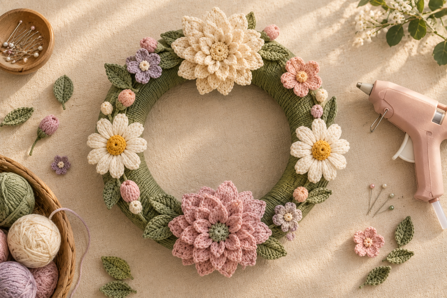 Overhead flat-lay of a partially assembled crochet floral wreath in progress on a cream linen surface — a sage-wrapped foam ring with a large cream dahlia at the top, a large dusty pink dahlia at the bottom, two cream daisies with yellow centers on the sides, small lavender and pink filler buds tucked around, sage green leaves scattered, a pink glue gun in the top-right corner, a small ceramic bowl of sewing pins in the top-left, a woven basket of yarn balls in cream and sage in the lower-left, extra leaves and yarn ready for placement, warm afternoon window light, editorial cottagecore craft-magazine styling