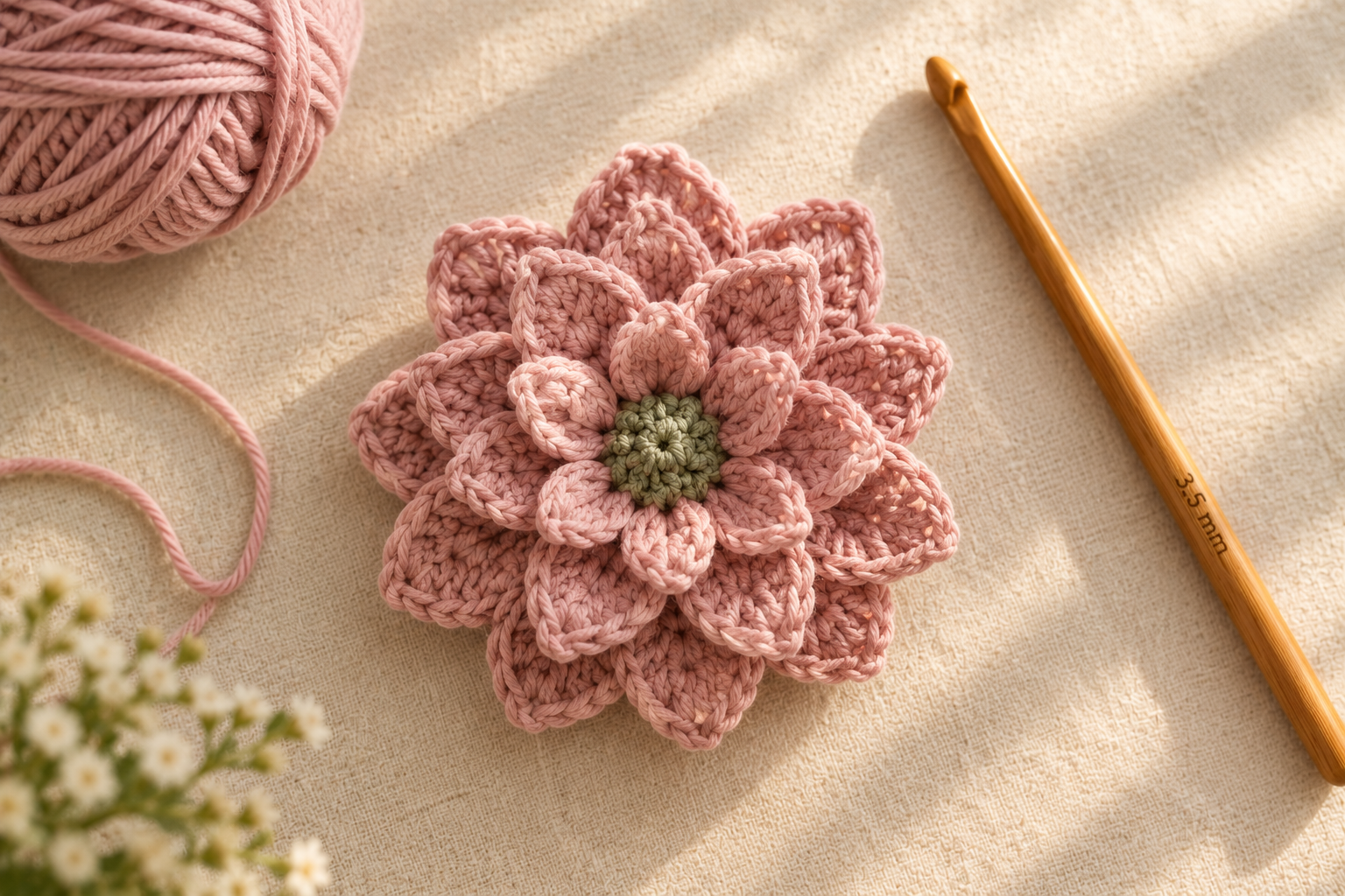 Overhead flat-lay of a single handmade crochet dahlia flower in dusty pink cotton DK yarn showing three visible layered petal rounds and a small sage green magic-ring center, about 7 cm across with the 3D layered petals clearly visible poking up above each other, resting on a cream linen surface beside a 3.5 mm honey wooden crochet hook labeled and a small ball of pink cotton yarn softly blurred at the corner, small sprigs of dried gypsophila in the lower-left corner, warm afternoon window light, cozy craft-magazine tutorial detail shot