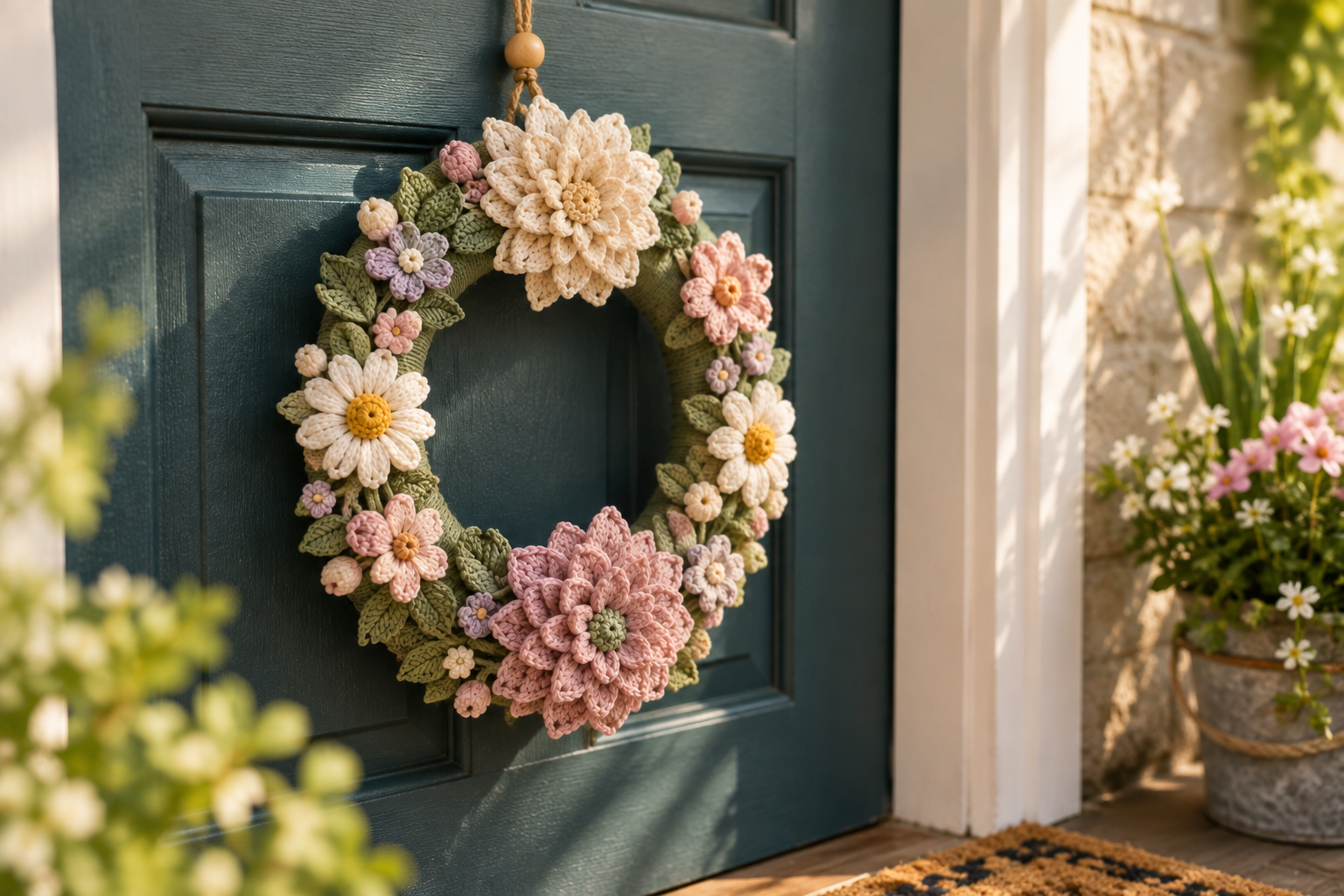 A handmade pastel crochet floral wreath hung on a dark teal painted front door — a 30 cm foam ring covered in crocheted flowers in cream, dusty pink, lavender, blush and muted blue with sage green leaves, a large cream dahlia at the top and a large dusty pink dahlia at the bottom, hung from a natural jute cord with a small wooden bead, warm afternoon sunlight streaming from the right, a spring flower pot softly blurred beside the door, cottagecore front porch styling