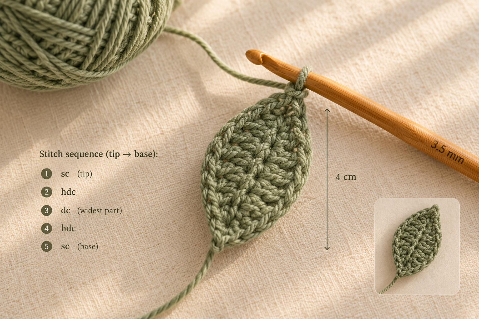 Overhead macro close-up of a sage green pointed almond-shape crochet leaf in progress on a 3.5 mm honey wooden crochet hook labeled, the leaf about 4 cm long with visible sc-hdc-dc-hdc-sc stitch progression from tip to base annotated with numbered labels (1 sc tip, 2 hdc, 3 dc widest part, 4 hdc, 5 sc base), a small measurement arrow marking the 4 cm length, a small inset showing the finished leaf on cream linen, ball of sage yarn softly blurred at the top, warm afternoon window light, photorealistic craft-magazine tutorial diagram