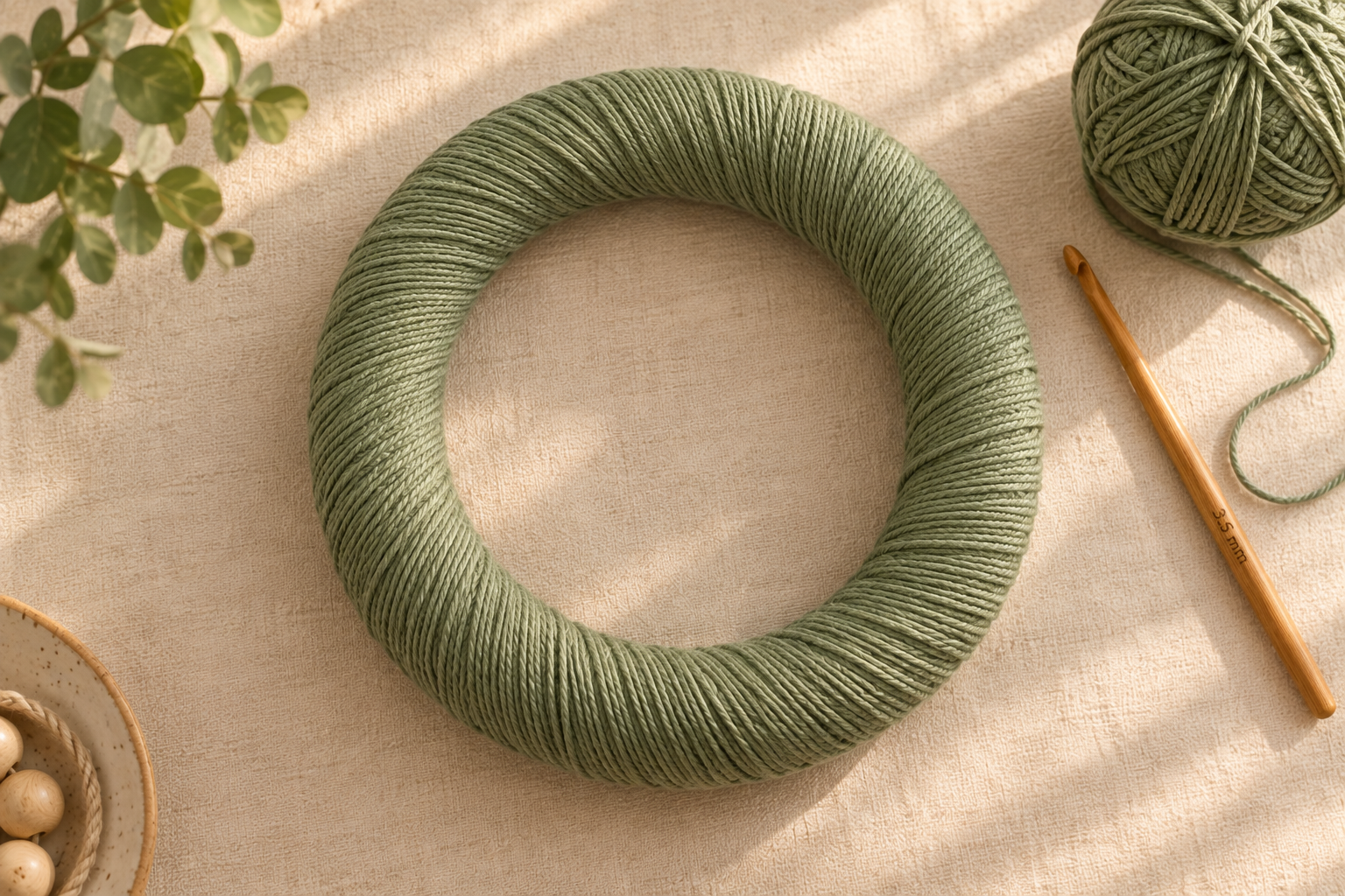 Overhead flat-lay of a 30 cm foam wreath ring completely wrapped in sage green cotton DK yarn with the diagonal spiral wrapping clearly visible and no gaps showing through, resting on a cream linen surface with a 3.5 mm honey wooden crochet hook labeled and a small ball of sage green cotton yarn beside, a small ceramic bowl of natural wooden beads in the lower-left corner and dried eucalyptus branch softly blurred at the top, warm afternoon window light, cozy craft-magazine tutorial detail shot