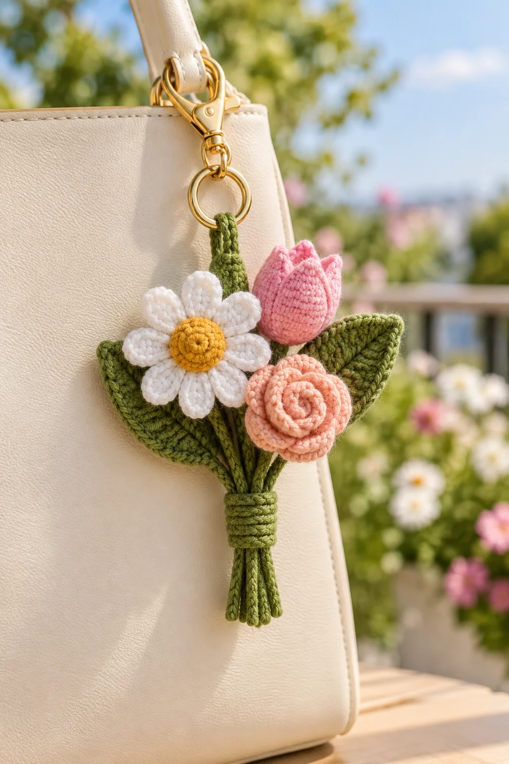 Finished crochet flower bouquet bag charm clipped to a cream leather handbag with a gold lobster clasp: a white daisy, a pink tulip and a peach rose with two green leaves and a wrapped green band, in front of a sunny terrace with pink and white flowers