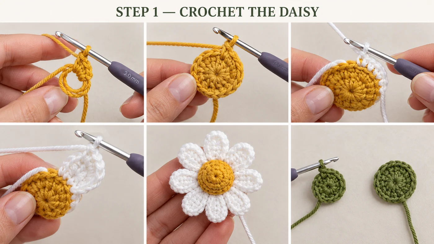 Step 1 of the crochet flower bouquet bag charm: a mustard-yellow magic ring on a 3 mm hook, the flat yellow center, white yarn joined in the back loops, the petals worked around the center, the finished white daisy with a domed yellow center, and the green backing disc