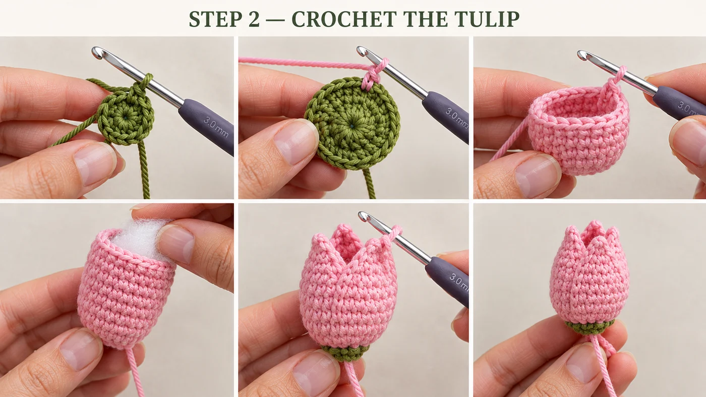 Step 2 of the crochet flower bouquet bag charm: a green magic ring, the switch to pink after the green base, the pink cup worked in a spiral, stuffing pushed in, the three pointed petals on the hook, and the finished closed pink tulip with its green base and sewing tail