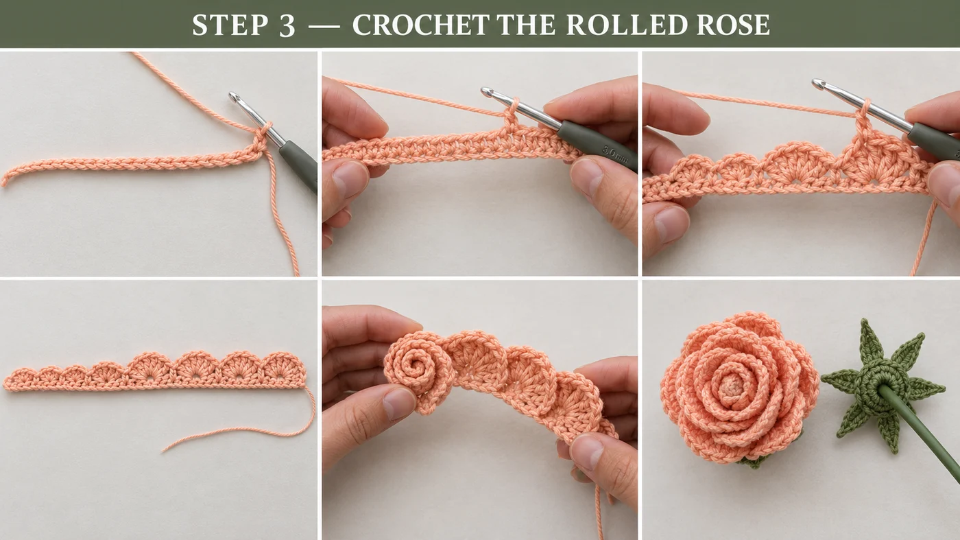 Step 3 of the crochet flower bouquet bag charm: a peach foundation chain, the row of single crochet, the shells worked along it, the finished scalloped strip, the strip being rolled from the small-shell end, and the finished peach rose beside a green calyx with the stem threaded through its center