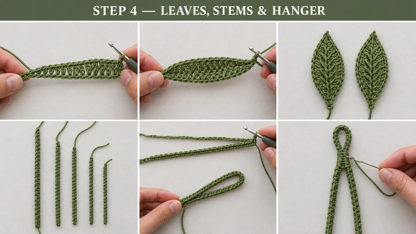 Step 4 of the crochet flower bouquet bag charm: an olive-green leaf worked around both sides of a chain, two finished chevron-textured leaves with their base tails, five slip-stitch stems in different lengths, and the hanger cord folded into a loop and sewn together just below it