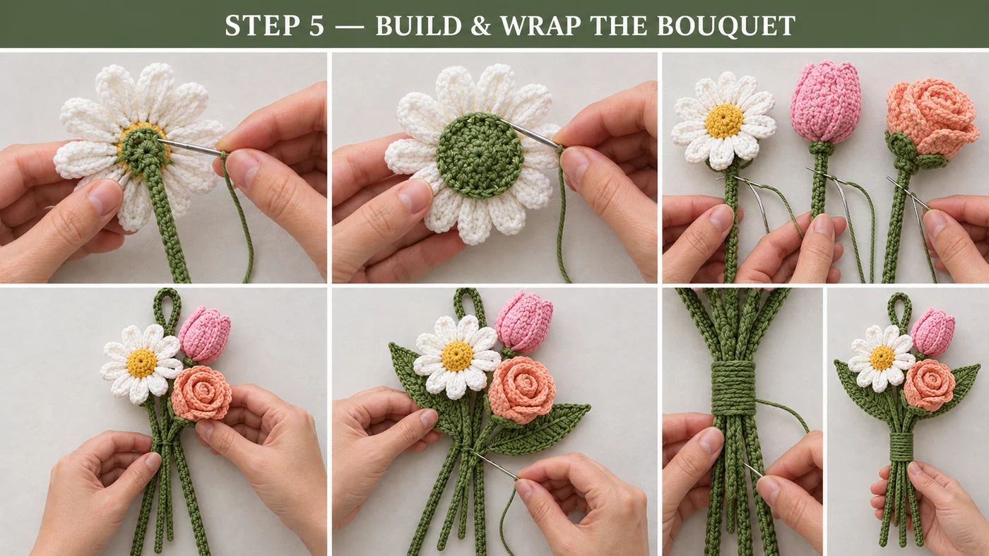 Step 5 of the crochet flower bouquet bag charm: the daisy stem sewn to the back of the daisy, the green backing disc whipstitched over it, the tulip and rose sewn to their stems, the flowers laid around the hanger loop, the leaves added, and the green band wrapped tightly around the gathered stems