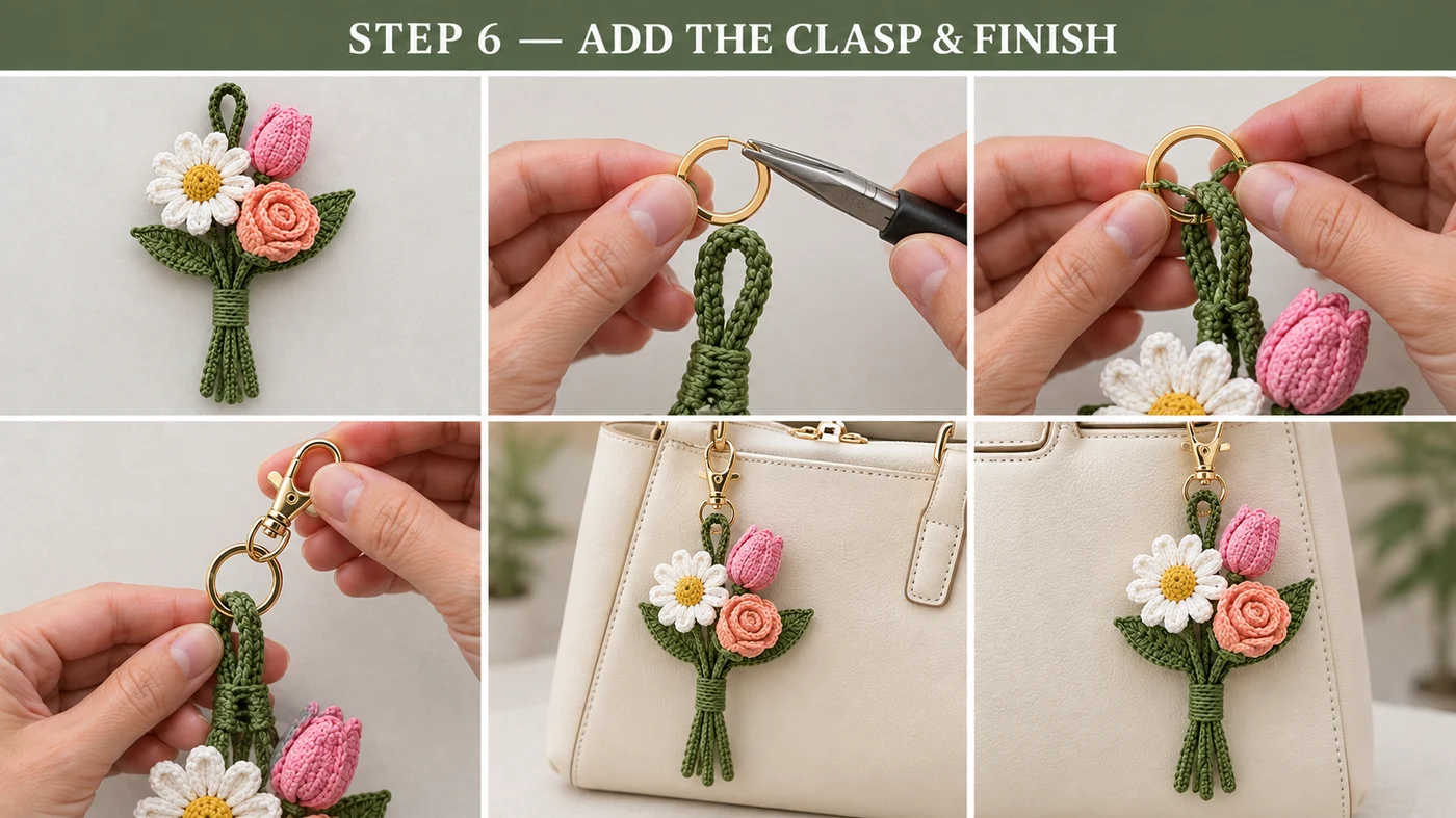 Step 6 of the crochet flower bouquet bag charm: the finished bouquet flat on the table, a gold split ring opened with pliers and twisted onto the green hanger loop, the gold lobster clasp added, and the charm clipped to a cream handbag