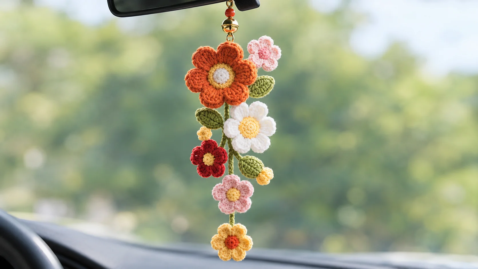 Finished crochet car mirror charm hanging from a rear-view mirror in front of a sunny green landscape, with a gold bell and red bead above the orange flower and a yellow flower swinging at the bottom