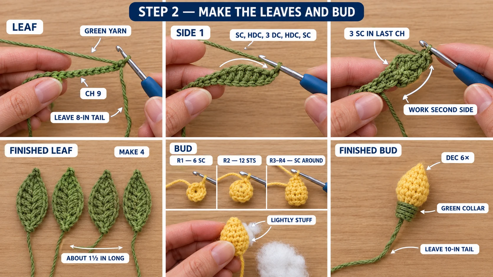 Step 2 of the crochet car mirror charm: a green chain of 9 worked into a leaf on both sides, four finished olive-green leaves about 1½ inches long, and a yellow bud worked in rounds, lightly stuffed and finished with a wrapped green collar