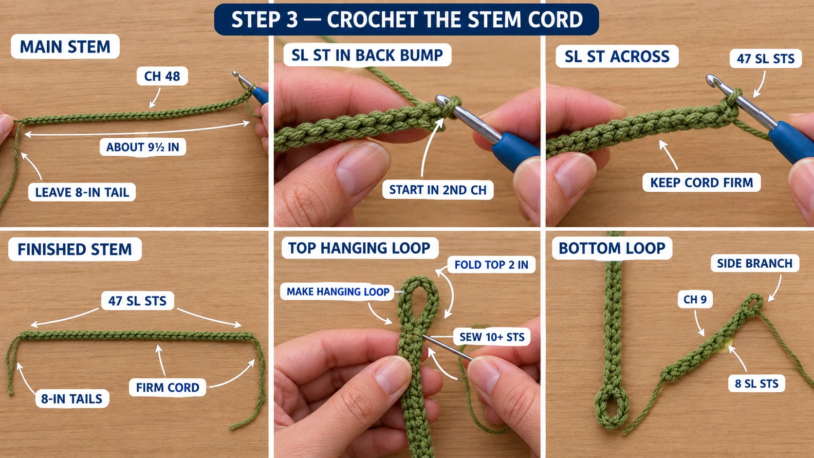 Step 3 of the crochet car mirror charm: a green chain of 48 about 9½ inches long, slip stitches worked into the back bumps to make a firm cord, the top folded into a hanging loop sewn with 10 or more stitches, the bottom loop and the short side branch