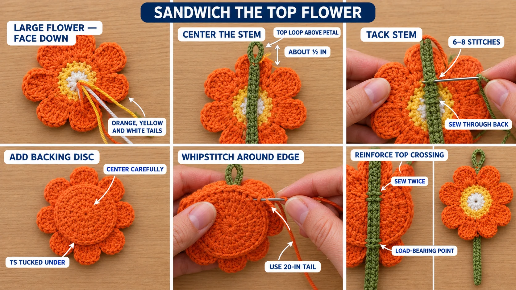 Step 4 of the crochet car mirror charm: the large orange flower face down with its tails, the green stem centered on the back with the loop half an inch above the top petal, the stem tacked on, the orange backing disc whipstitched over it and the top crossing sewn twice