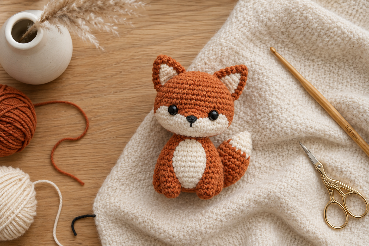 Finished rust-orange mini crochet fox amigurumi with white belly and black eyes, sitting on a cream wool blanket in soft window light