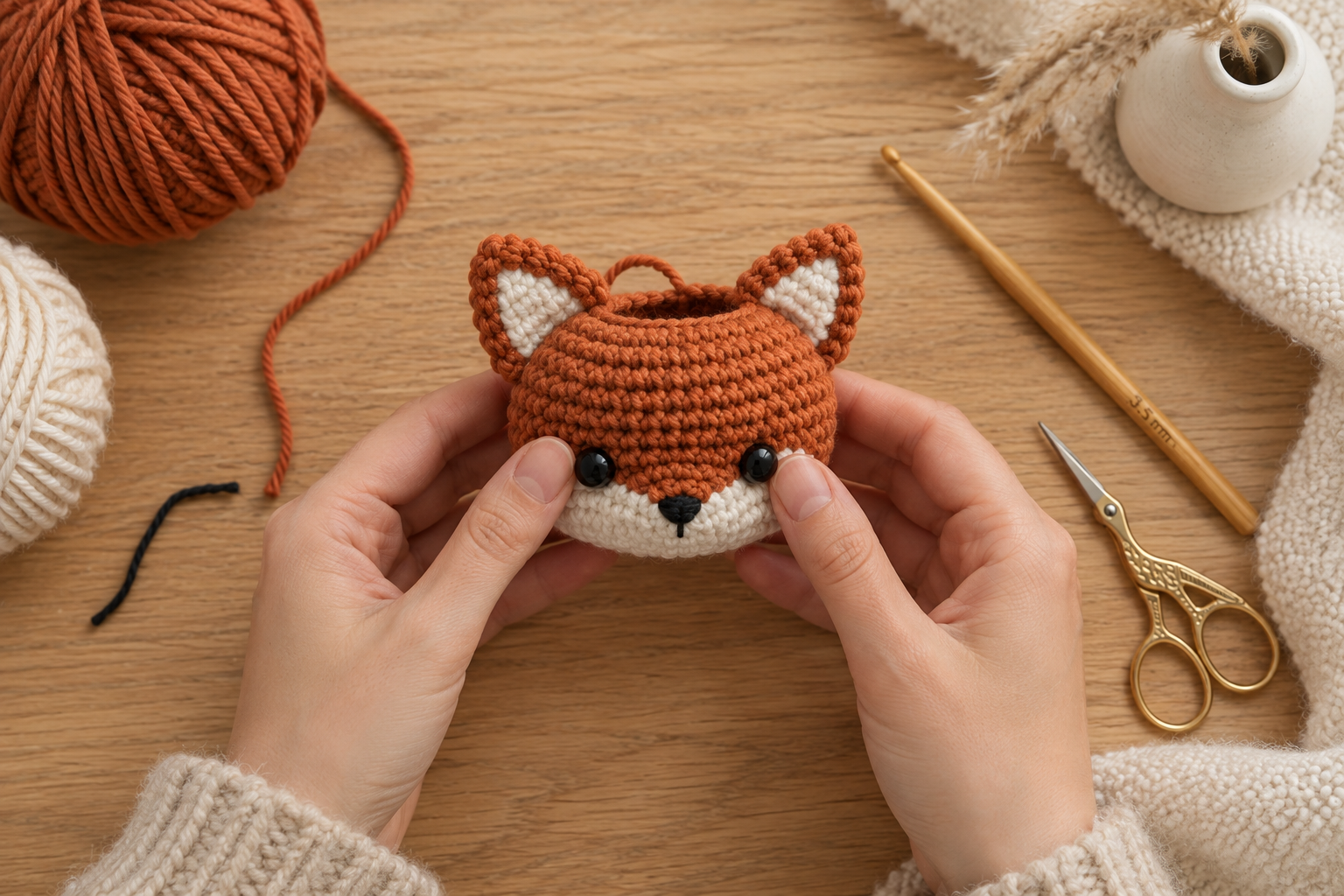 Hands holding a rust orange crochet fox head in progress with safety eyes placed either side of a small white muzzle, on an oak table with cream wool and a bamboo hook nearby
