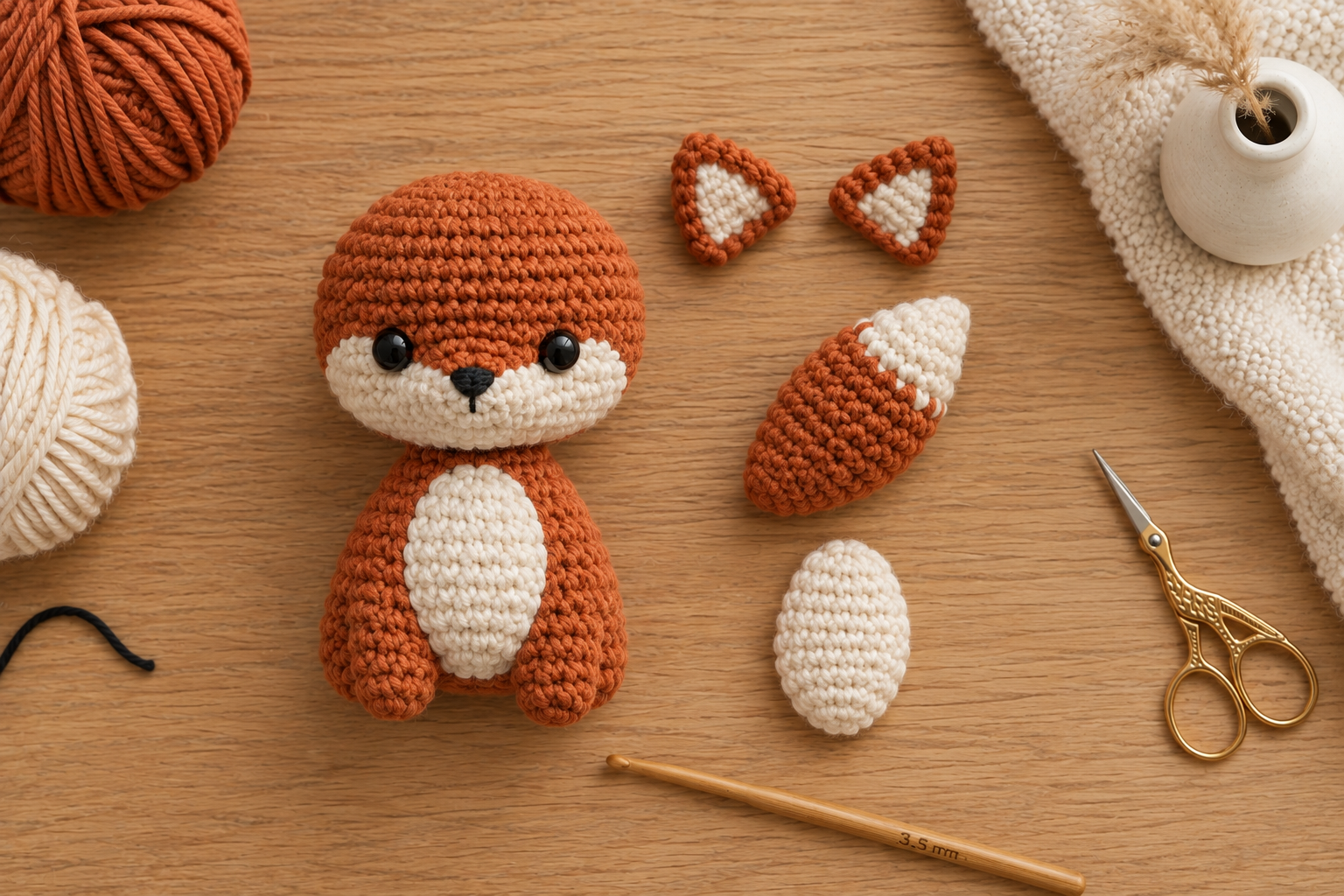 Flat lay of crochet fox parts on an oak table — stuffed rust orange body with white belly, two small rust ear triangles, one white-tipped rust tail, one small white oval belly patch, next to a rust yarn ball, cream yarn ball, gold scissors and a 3.5 mm bamboo hook