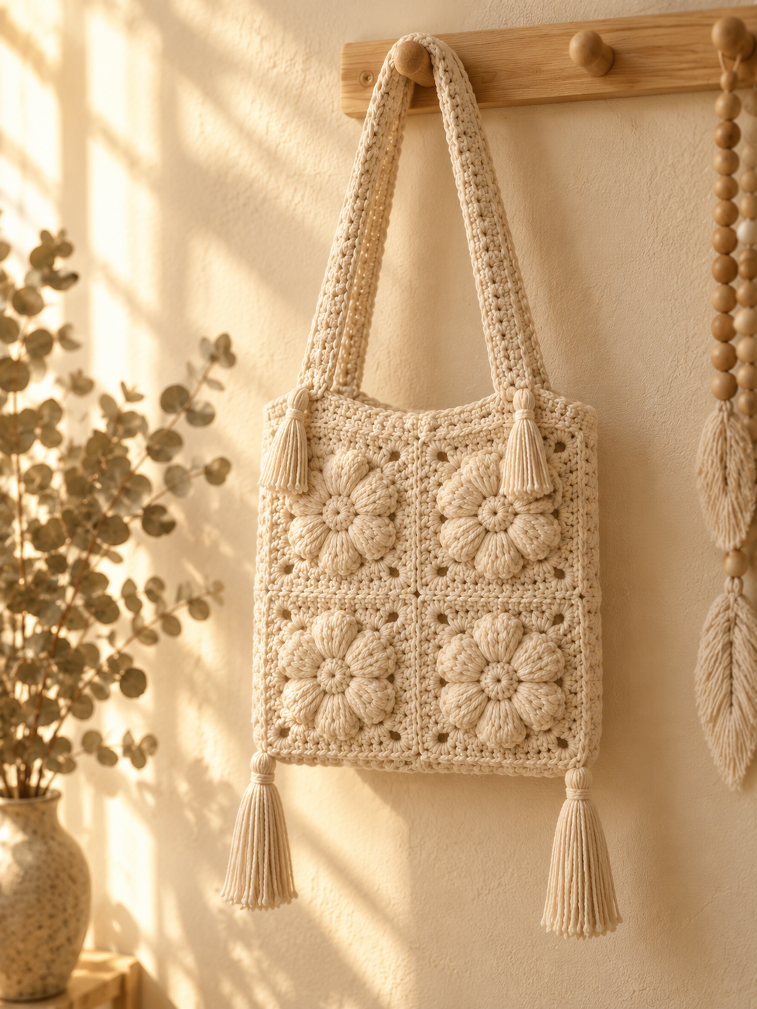 A handmade monochromatic cream flower granny square crochet tote bag hanging on a light natural wood coat hook rail against a soft cream painted textured wall, the bag body showing 4 large flower granny squares on the front with each square featuring a raised 3D puff-stitch flower center with 6 rounded cream petals radiating outward like a rose medallion, 4 long elegant cream cotton tassels attached at the corners of the bag body, two thick braided cream cotton shoulder straps, dried eucalyptus branches in a soft-glazed stoneware vase softly blurred on the left, wooden macramé bead garland with a cream feather softly blurred on the right, warm golden afternoon light streaming from the left creating soft window-shadow patterns on the wall, cottagecore boho editorial home decor photography