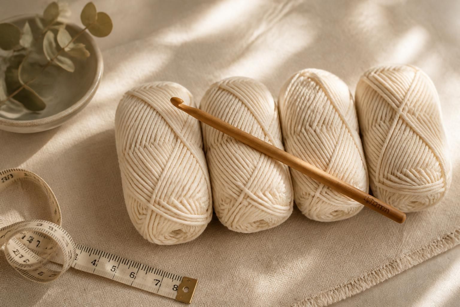 Overhead flat-lay of four soft cream cotton worsted yarn balls arranged in a row on a cream linen surface, a 5 mm honey-colored wooden crochet hook resting diagonally across the yarn balls, a soft cotton measuring tape unspooled on the left, a small ceramic bowl of dried eucalyptus sprigs in the upper-left corner, warm afternoon window light streaming from the left, cottagecore boho craft-magazine styling, photorealistic yarn texture in warm cream tones, shallow depth of field
