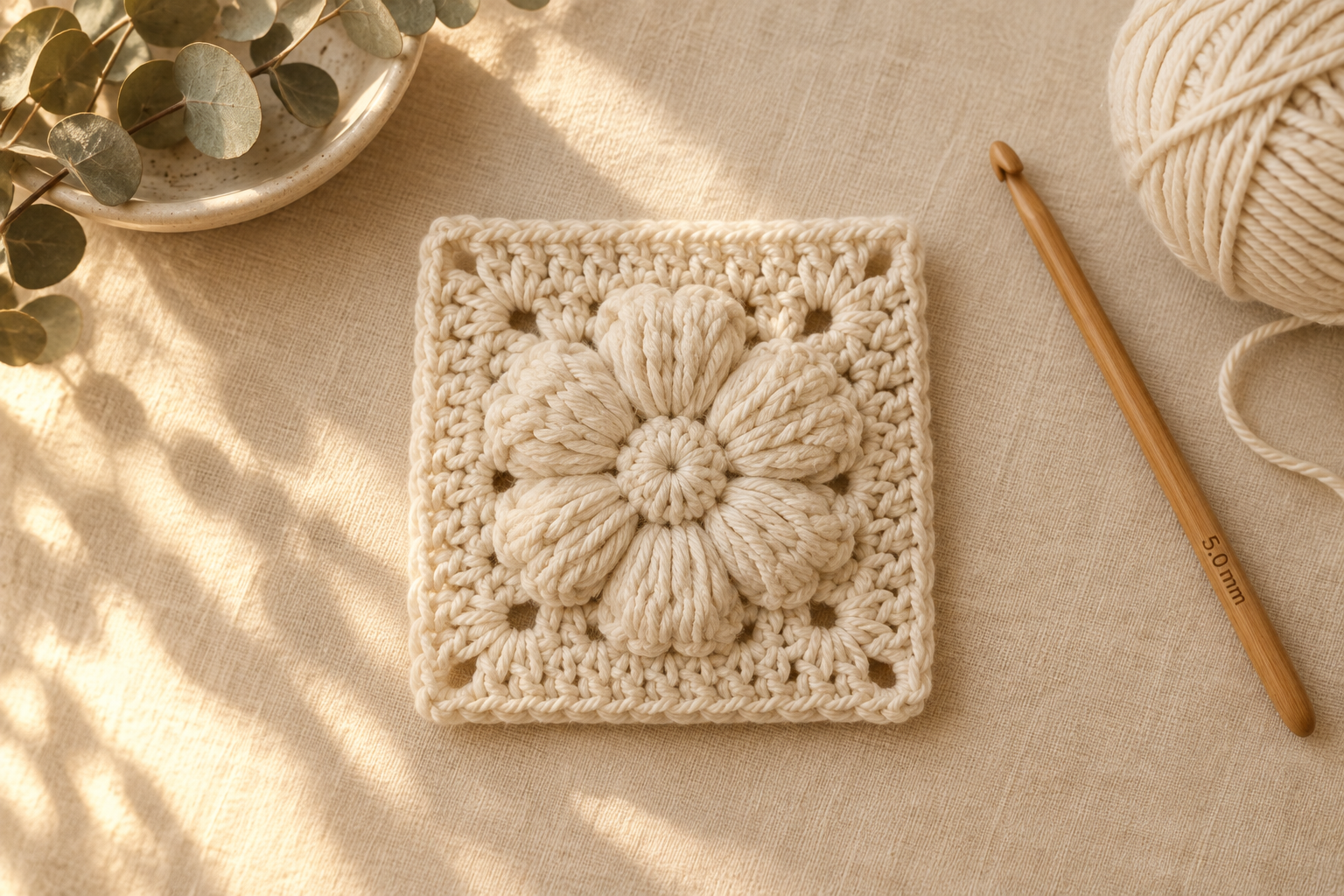 Overhead flat-lay of a single completed flower granny square about 10 cm across in warm monochromatic cream cotton yarn on cream linen, featuring a raised 3D puff-stitch flower center with 6 rounded cream petals radiating outward from a small center dot forming a rose-like medallion, dense fabric with only small holes at the 4 corners of the square, a 5 mm honey wooden crochet hook labeled and a small ball of cream cotton worsted yarn softly blurred beside, a small ceramic bowl with dried eucalyptus in the upper-left corner, warm afternoon window light from the left, cottagecore craft-magazine tutorial detail shot