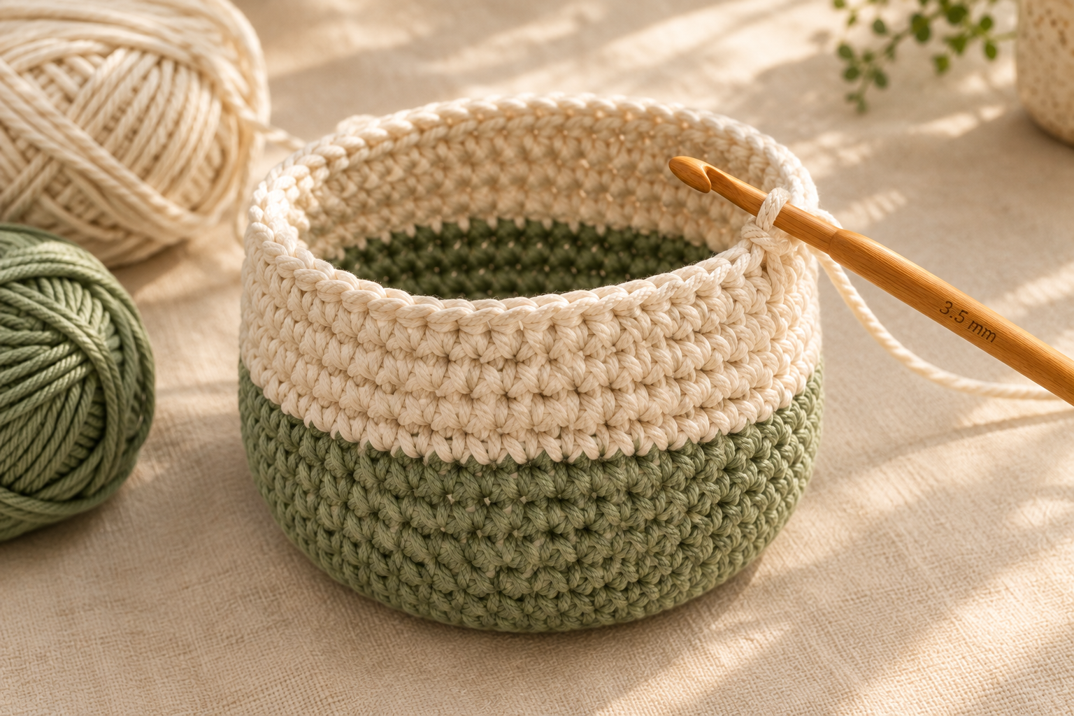 Close-up of a finished cream and sage green crochet basket in progress showing the completed sage green lower half and the cream cotton upper body with a folded rolled rim on top, a 3.5 mm honey wooden crochet hook attached to the top rim, small balls of cream and sage green cotton DK yarn softly blurred in the corner, cream linen background, warm afternoon window light, photorealistic craft-magazine detail shot