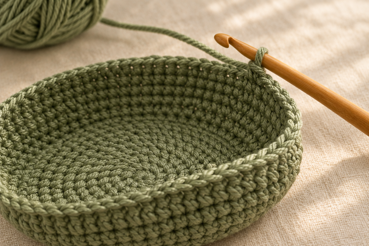 Overhead close-up of the finished sage green crochet basket base — a flat round disc about 8 cm across worked in continuous rounds of cotton DK yarn with a shallow lip starting to curl upward, a 3.5 mm honey wooden crochet hook attached to the working stitch on the top edge, small ball of sage green cotton DK yarn softly blurred in the upper-left corner, cream linen background, warm afternoon window light, photorealistic craft-magazine tutorial detail shot