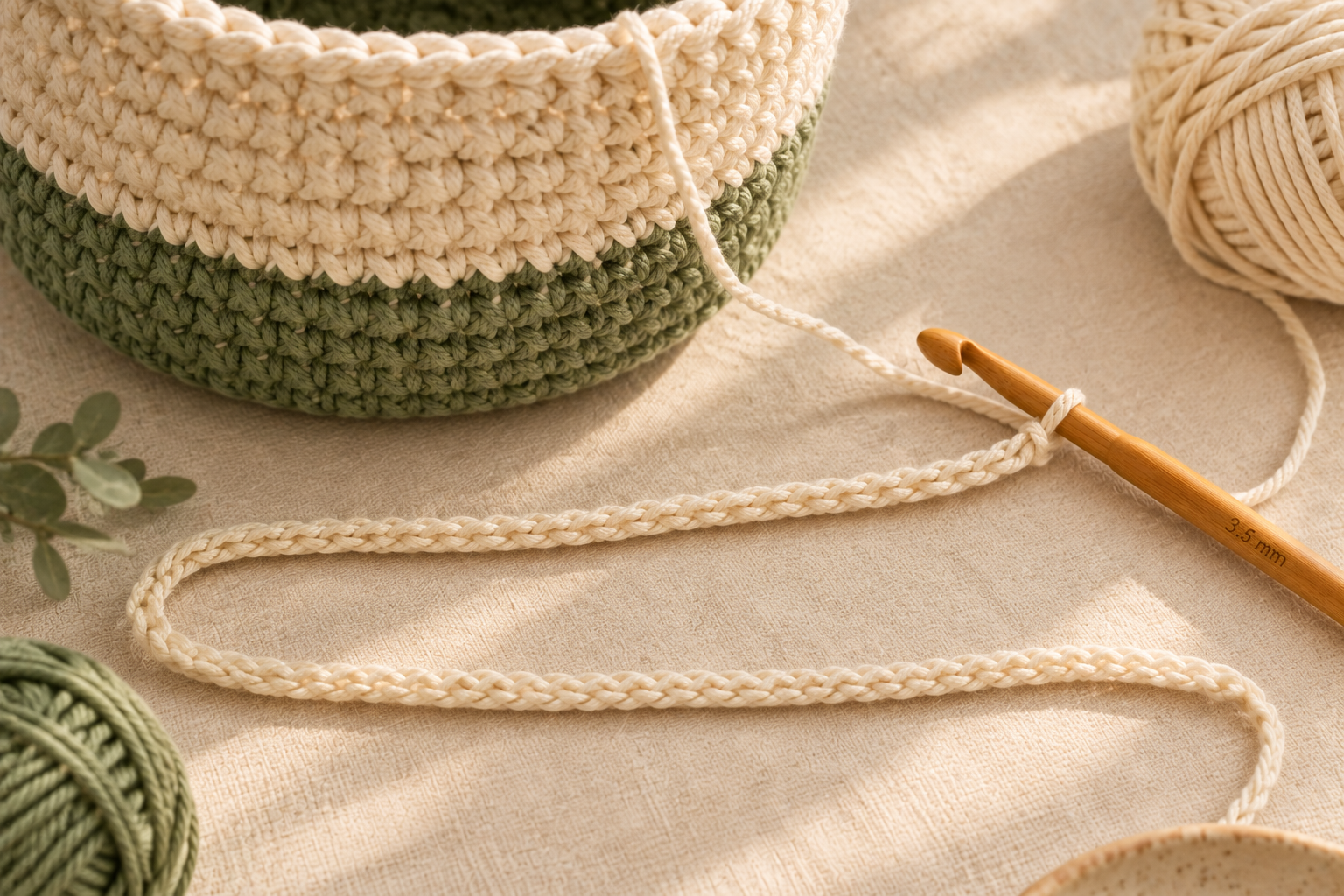 Overhead close-up of a long cream cotton crochet cord being worked from the top edge of the finished cream and sage crochet basket, the cord stretched out across the surface with a 3.5 mm honey wooden crochet hook and the working yarn strand still attached, small ball of cream cotton DK yarn and a small ball of sage green yarn softly blurred at the edges, cream linen background, warm afternoon window light, photorealistic craft-magazine tutorial shot