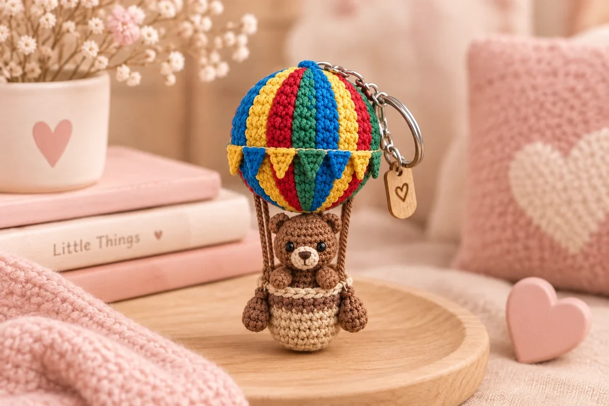 Crochet hot air balloon keychain with rainbow stripes in blue, yellow, red and green, a band of bunting flags and a little brown bear in a tan basket with sandbags, standing on a round wooden tray beside pink books, a heart mug and a soft pink cushion, with a wooden heart tag on the keyring