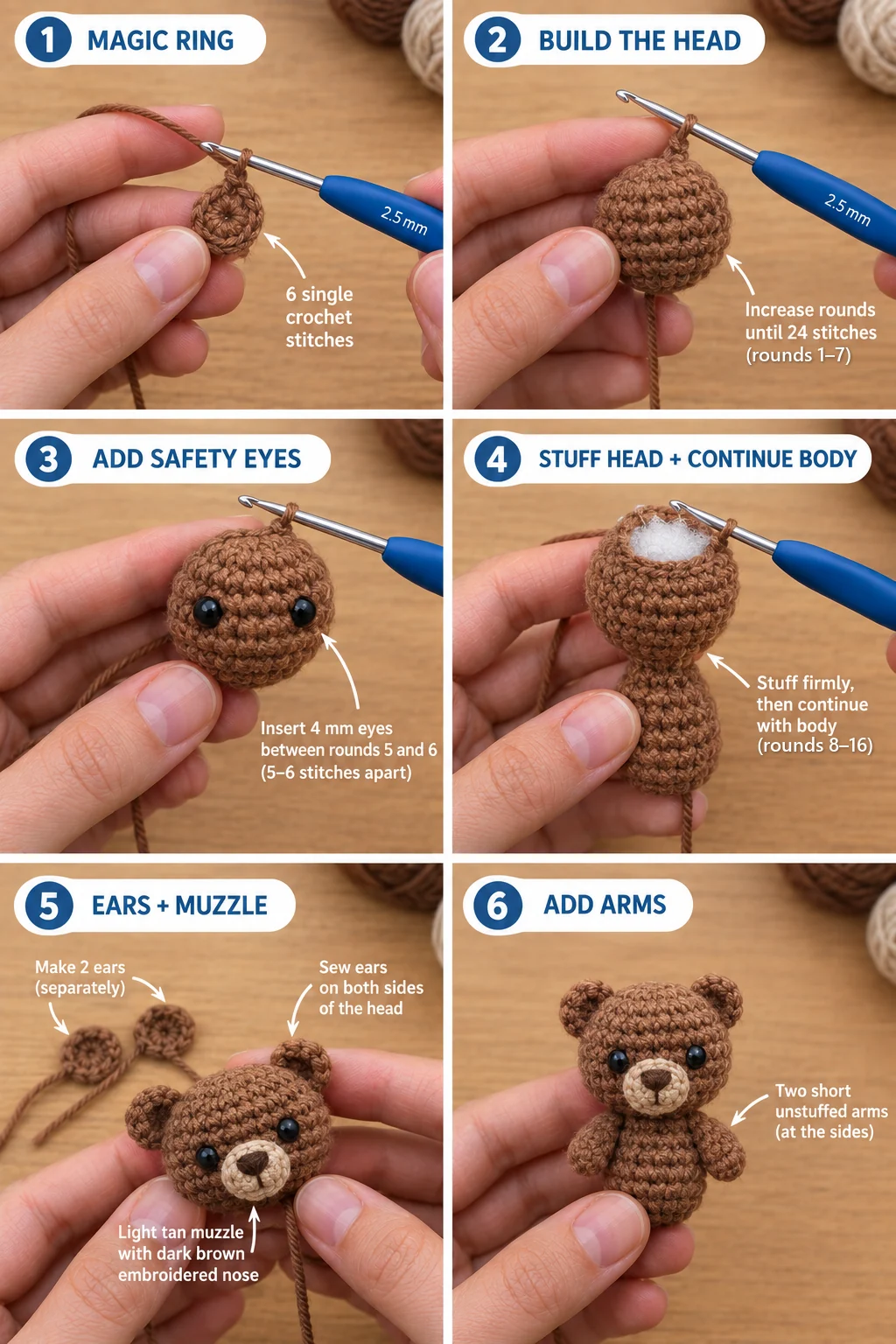 Step 3 of the crochet hot air balloon keychain: a brown magic ring of 6 stitches, the head grown to 24 stitches, 4 mm safety eyes set between rounds 5 and 6, the head stuffed and the body worked below it, round ears and a tan muzzle with an embroidered nose, and two short arms sewn to the sides of the body