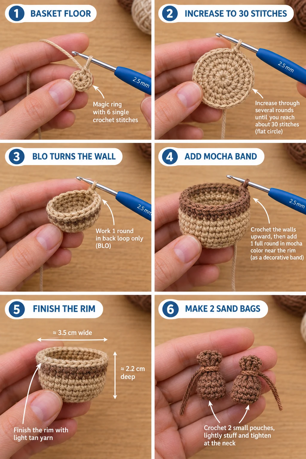 Step 4 of the crochet hot air balloon keychain: a light tan basket worked from a flat base, the wall turned up with a back-loop round, a mocha band near the rim, and two little mocha sandbags tied at the neck lying beside it