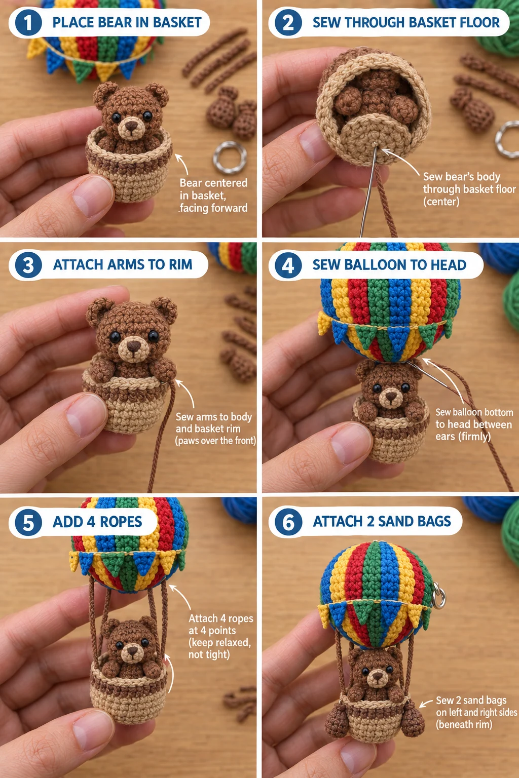Step 5 of the crochet hot air balloon keychain: the bear placed in its basket, the bear's body sewn through the center of the basket floor, paws tacked over the rim, the balloon sewn to the bear's head between the ears, four brown chain ropes added, and two sandbags sewn to the sides under the rim