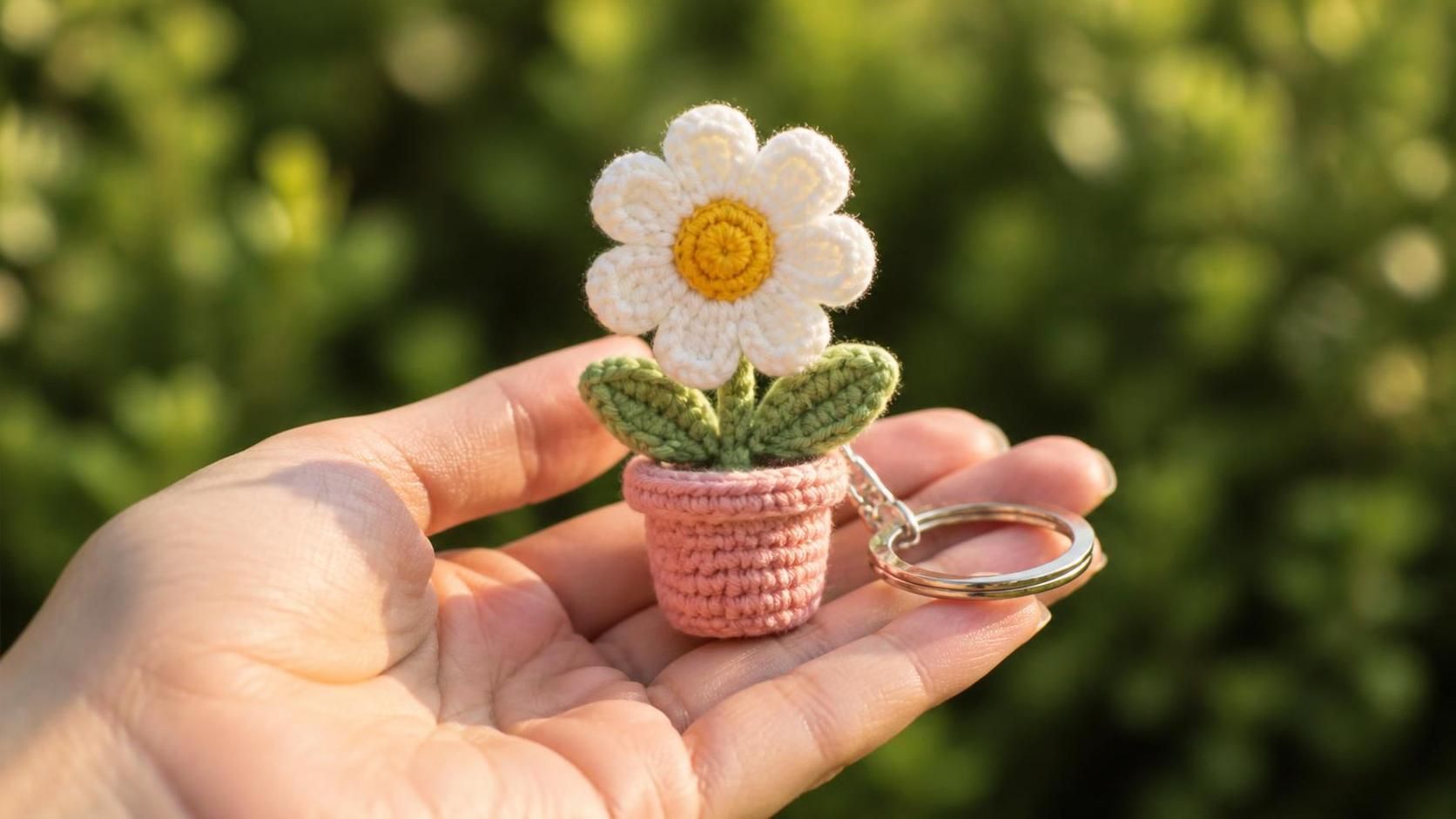 A handmade crochet keychain flower vase held in the palm of a hand — a small white daisy with a yellow center and two sage green leaves rising from a blush pink crochet flowerpot, attached to a silver split-ring keychain, sunlit against a soft green blurred hedge