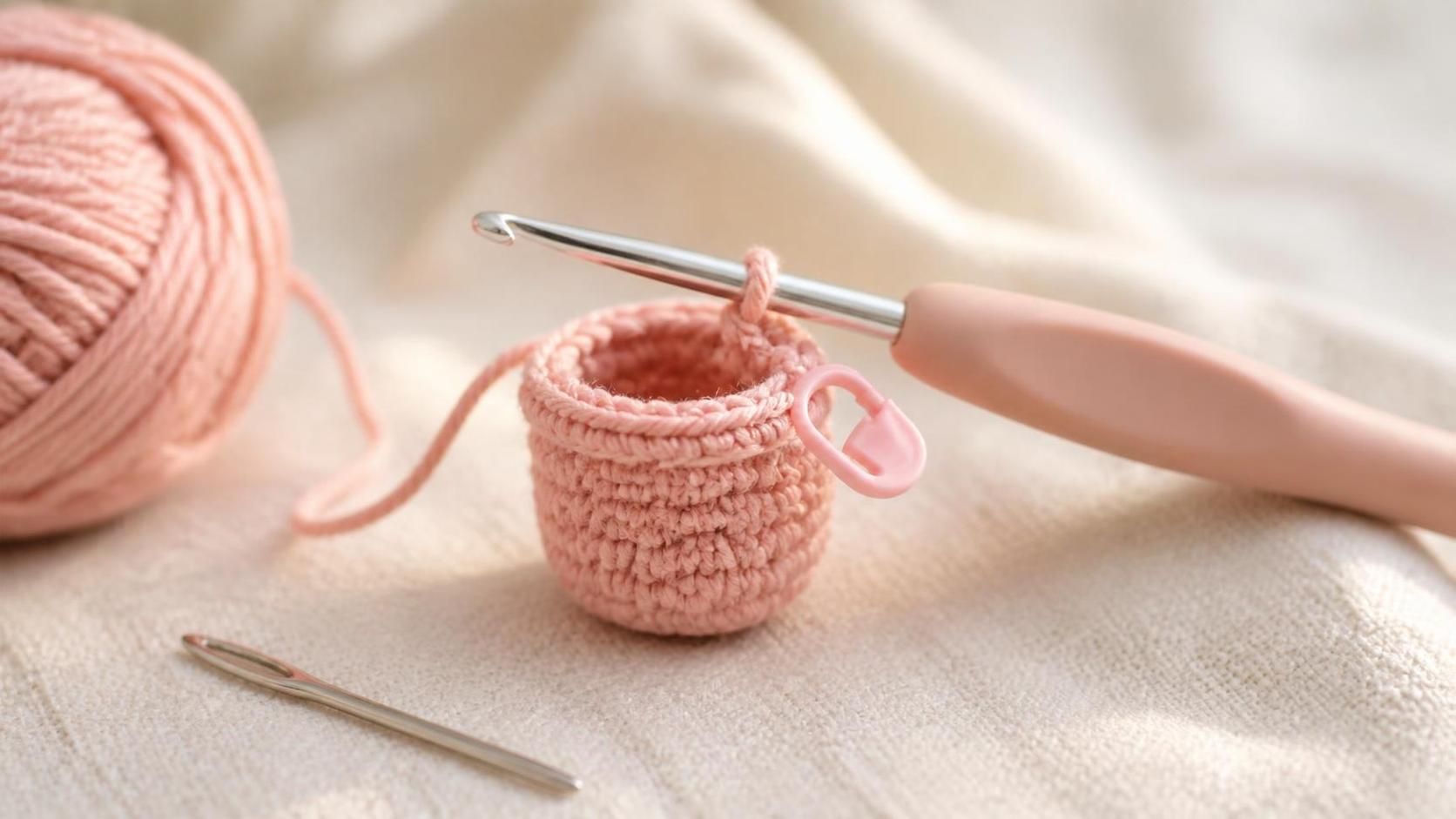 Mini blush pink crochet flowerpot in progress on a 2.5 mm silver hook, small ball of pink cotton DK yarn softly blurred, pink locking stitch marker clipped into the working stitch and a silver tapestry needle on cream linen