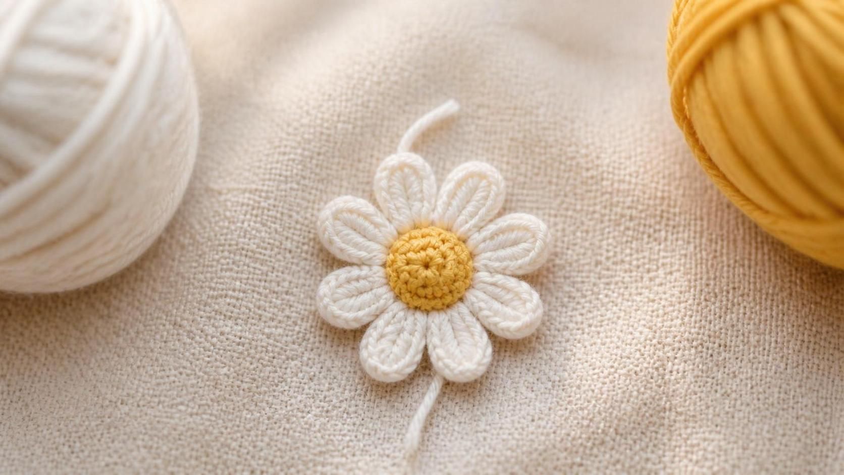 One finished mini white crochet daisy with a bright yellow puff center lying flat on cream linen — eight symmetrical petals radiating from a yellow center, with balls of white and yellow cotton DK yarn softly blurred left and right