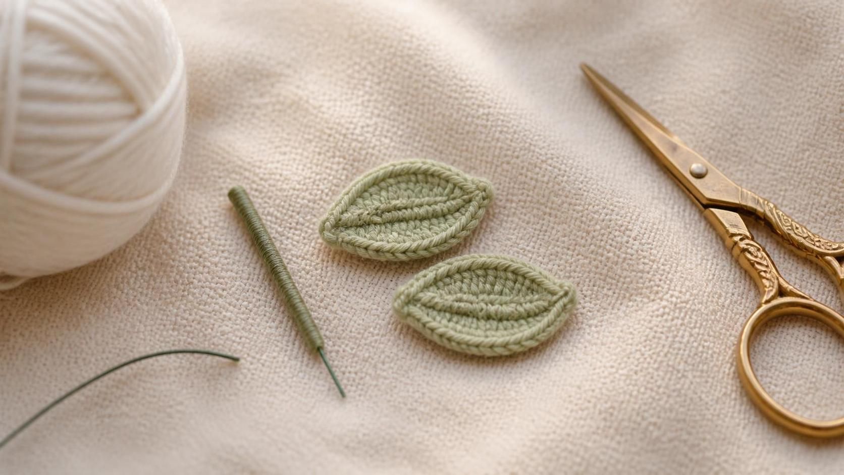 Two finished small sage green crochet daisy leaves and one short sage-wrapped wire stem laid on cream linen next to a ball of white yarn and gold embroidery scissors