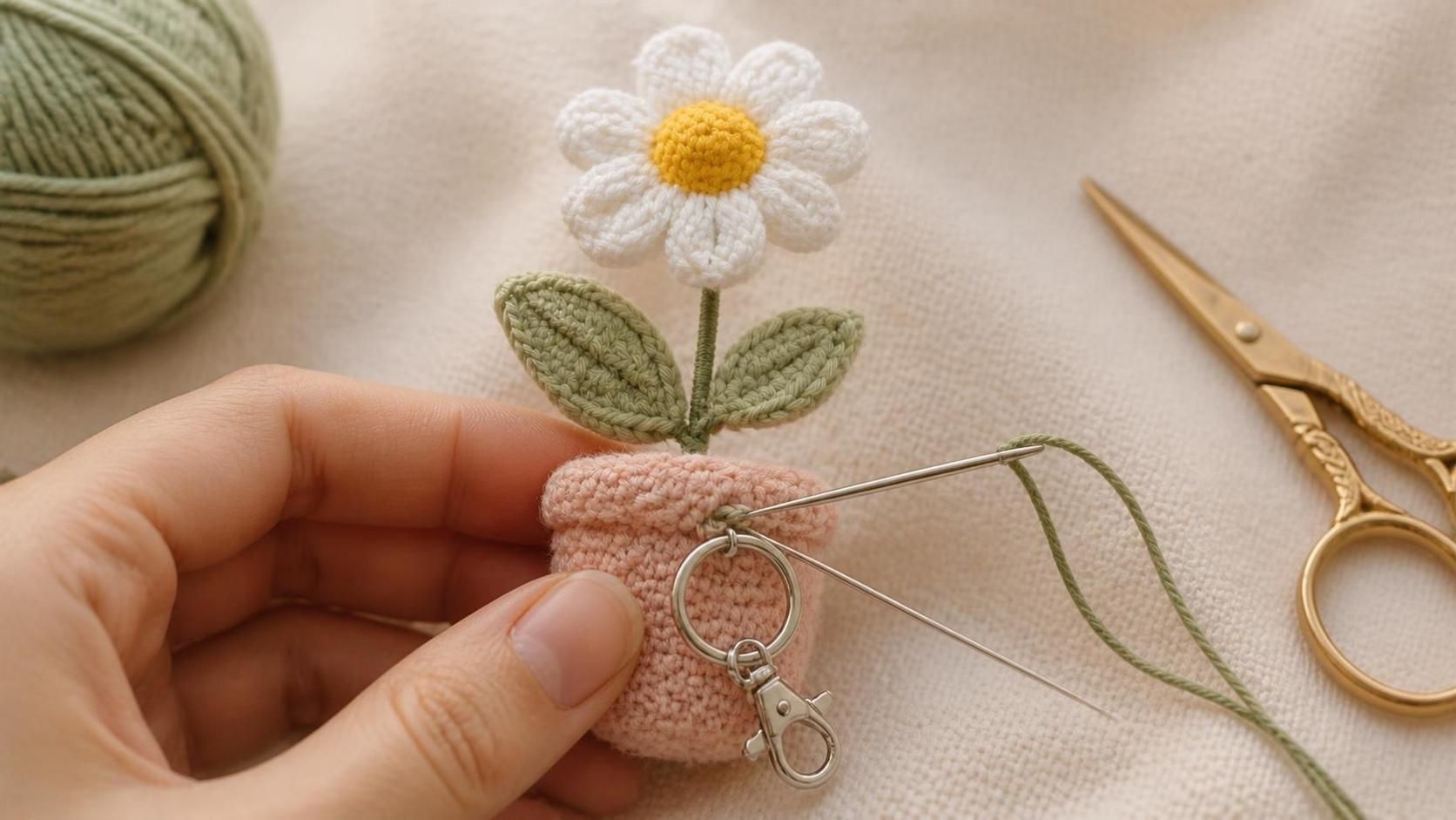 The finished crochet keychain flower vase assembly in progress — a white daisy above a blush pink pot on its sage green stem with two leaves, a silver tapestry needle threaded with sage green yarn mid-stitch attaching a silver split-ring keychain with lobster clasp to the pot on cream linen