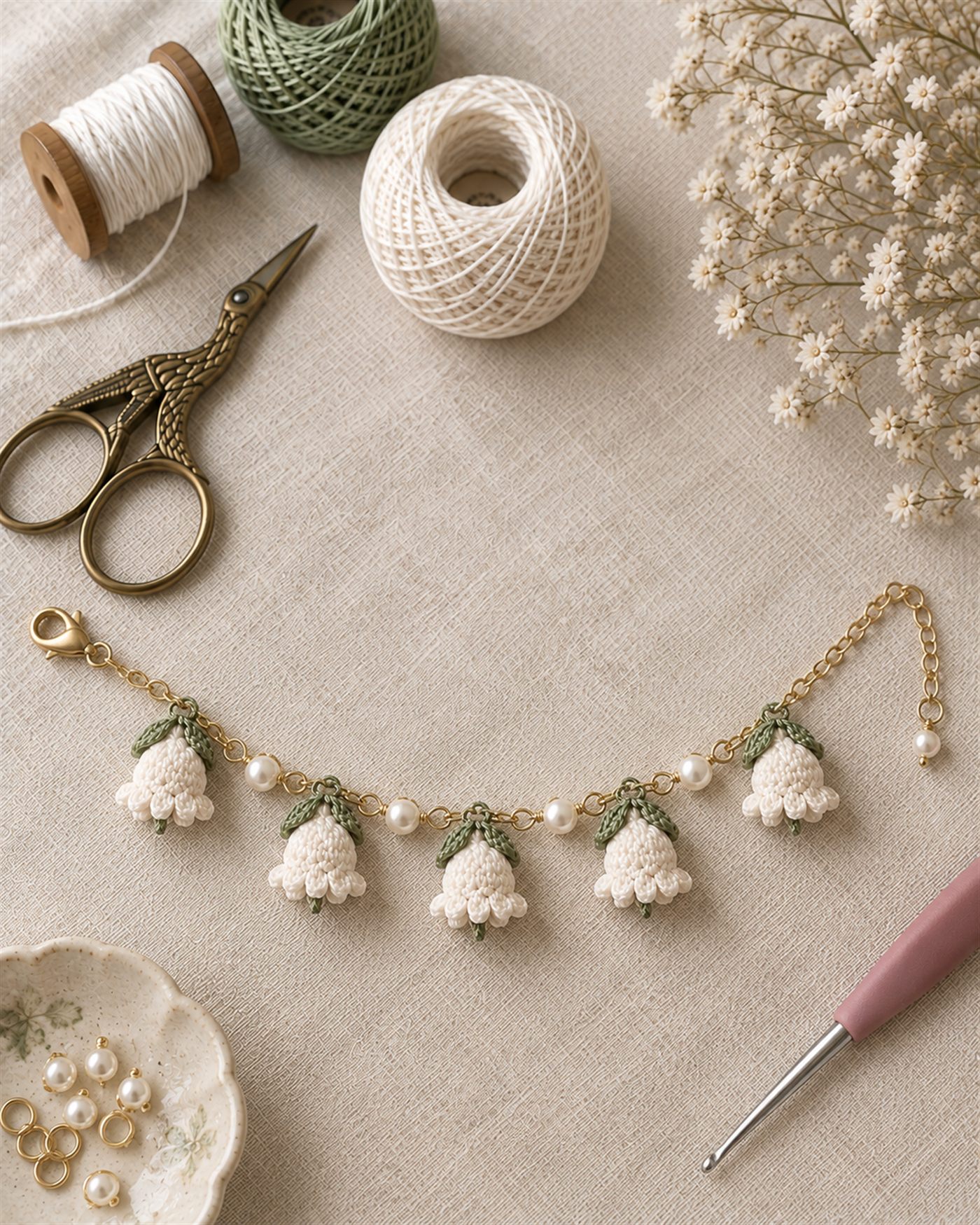 Finished lily of the valley bracelet laid flat across cream linen, lobster clasp open on the left and extender chain on the right, five bell clusters and four pearl spacers evenly spaced