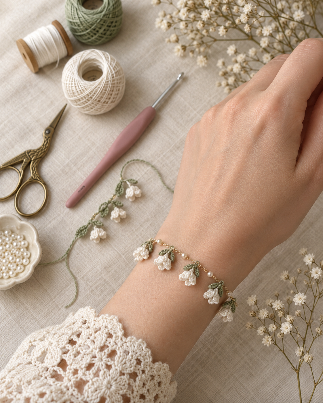 Delicate lily of the valley crochet bracelet with white bell flowers, sage green leaves, and tiny pearl beads worn on a wrist next to a lace crochet sleeve, soft daylight on cream linen